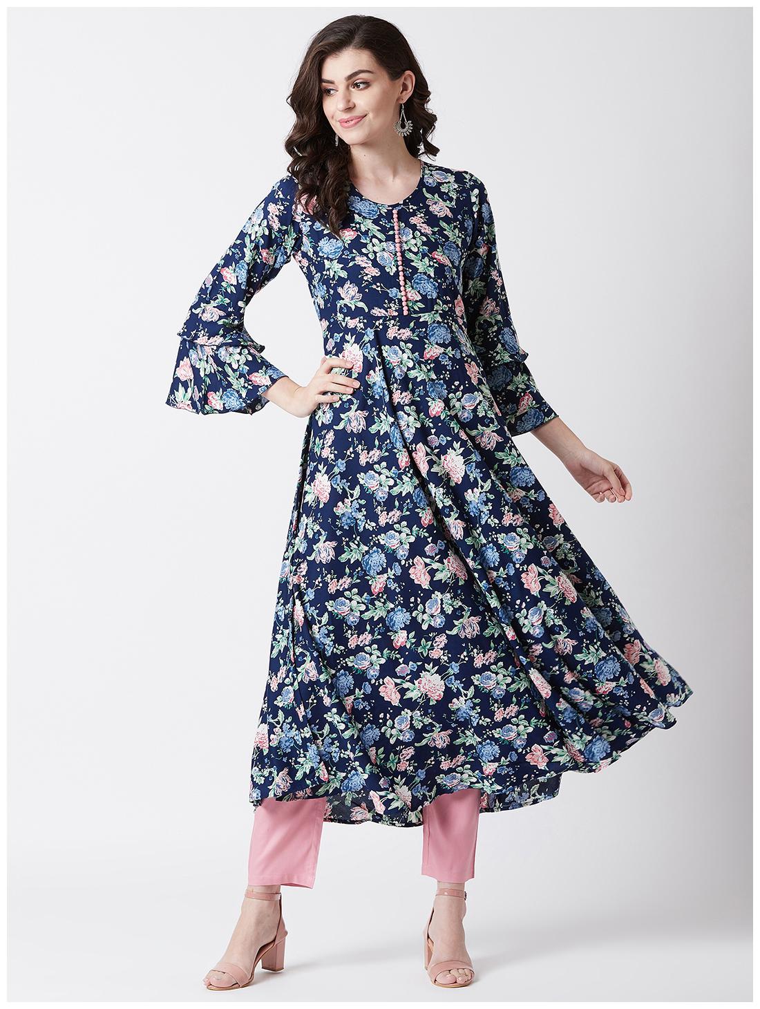 

Tissu Women s Navy Blue Green Floral Printed Flared Kurta