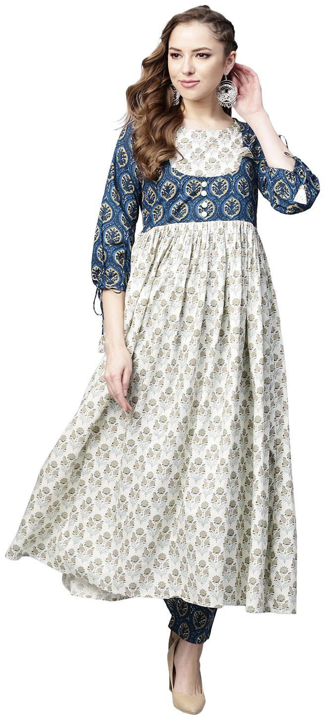 

Tissu Women Blue Beige Floral Printed Kurta With Pyjamas