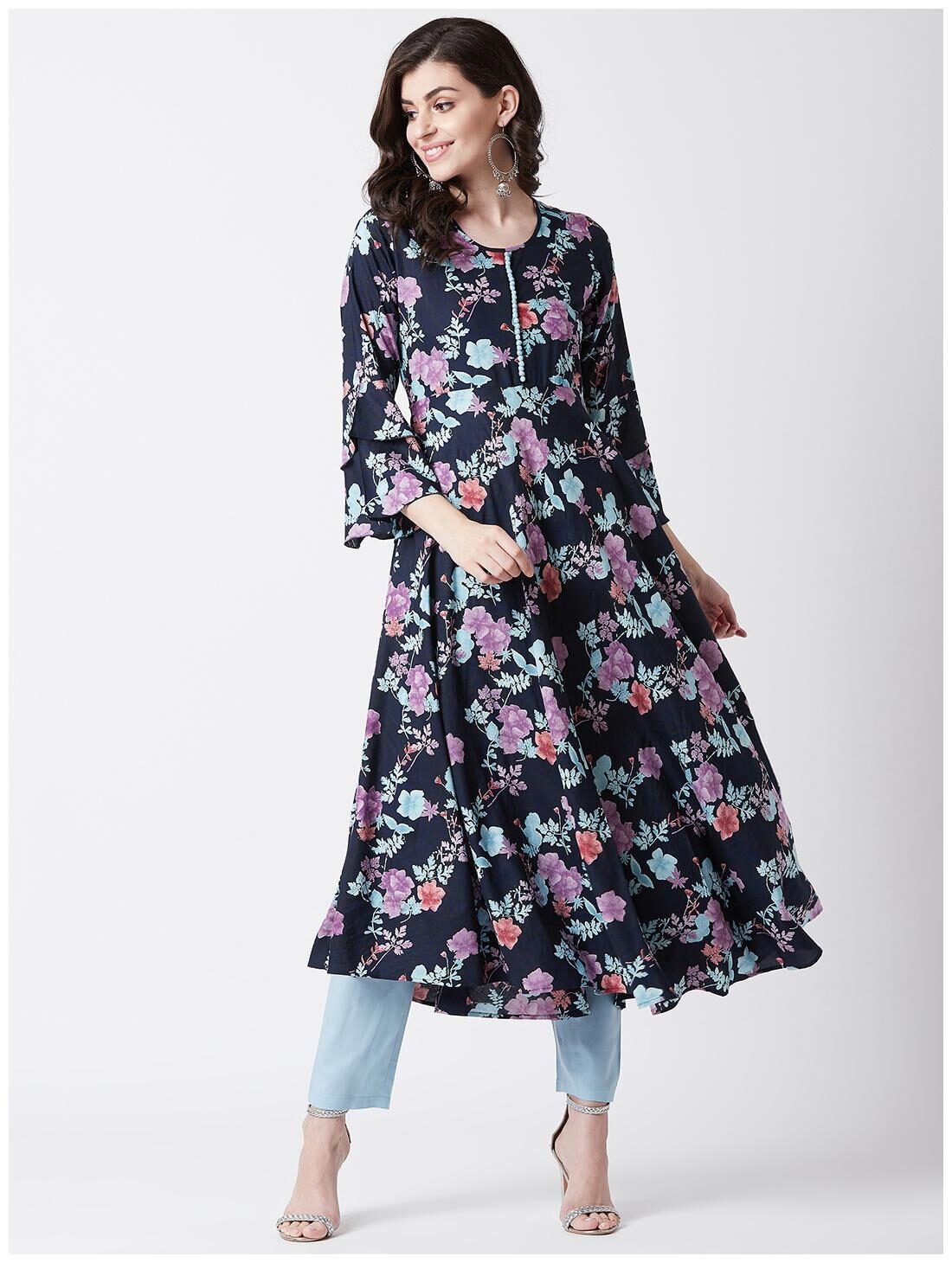 

Tissu Women s Navy Blue Purple Floral Printed Kurta With Pom Pom