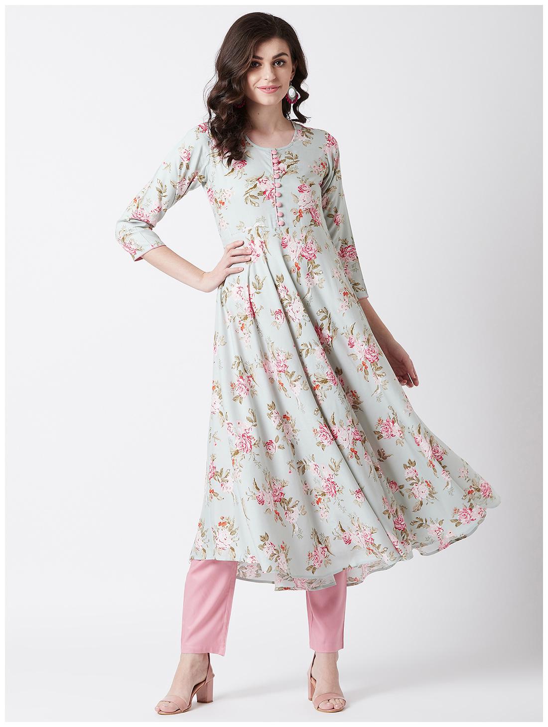 

Tissu Women s Sage Green Pink Floral Printed Flared Kurta