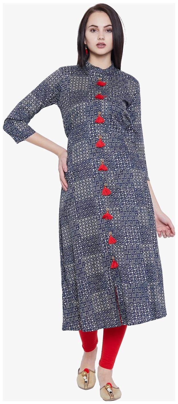

Tissu Women s A-Line Printed Kurta With Red Tassels Front Slit