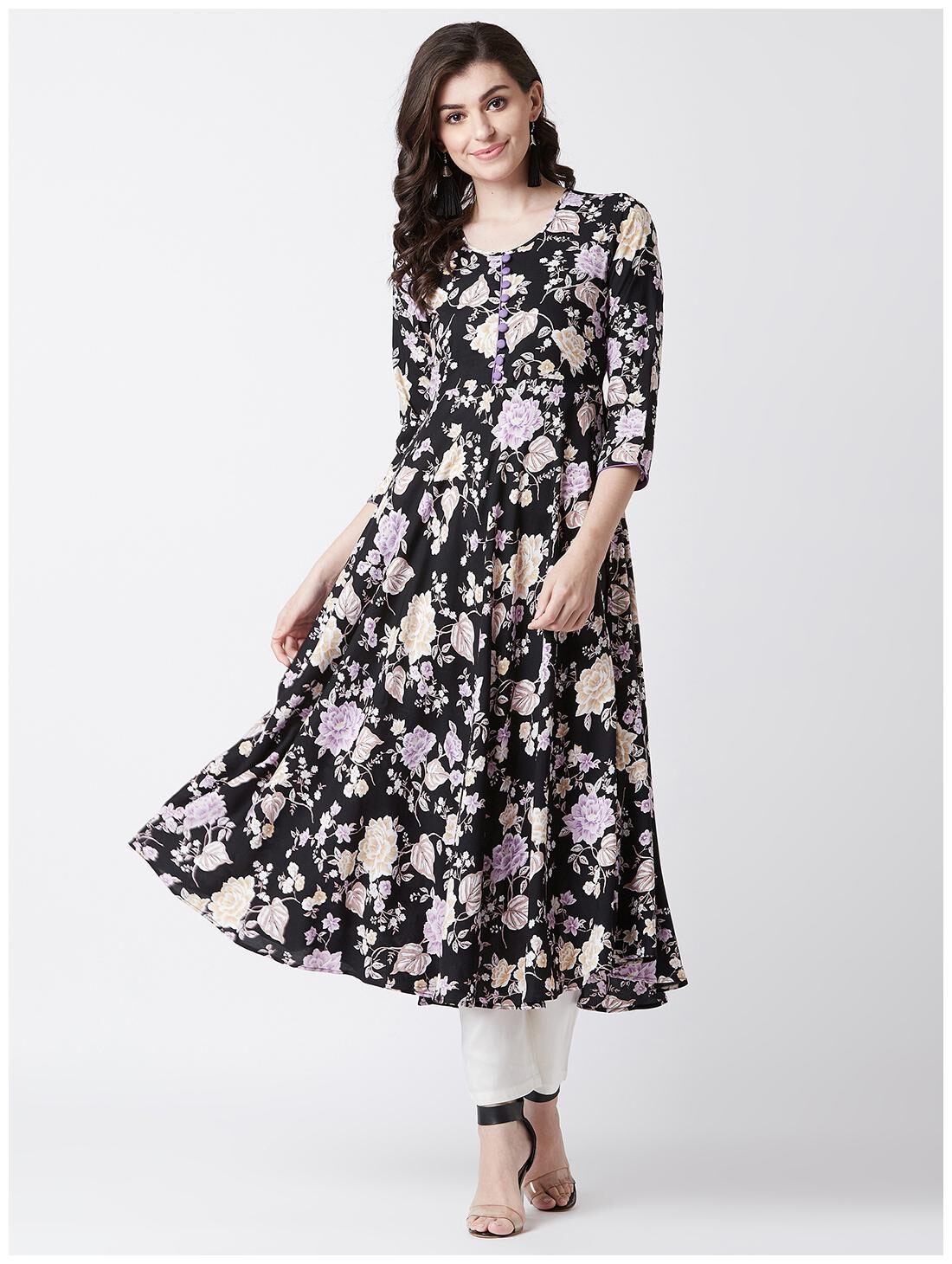 

Tissu Women s Black Purple Floral Printed Kurta