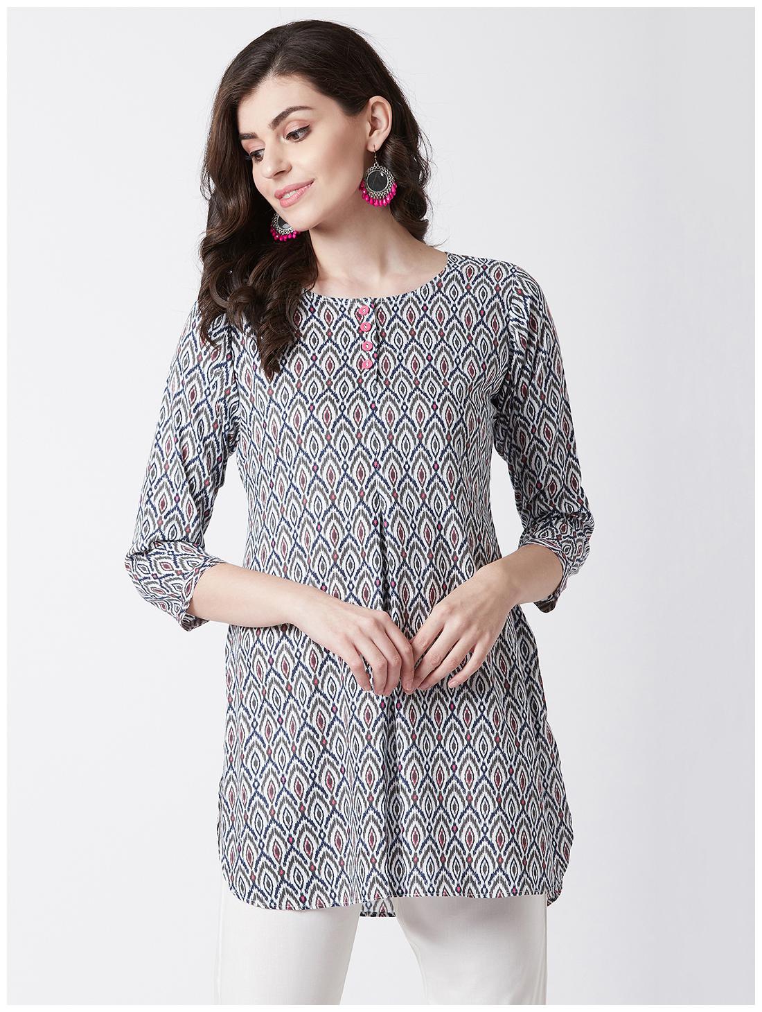 

Tissu Women White Blue Printed Straight Kurti