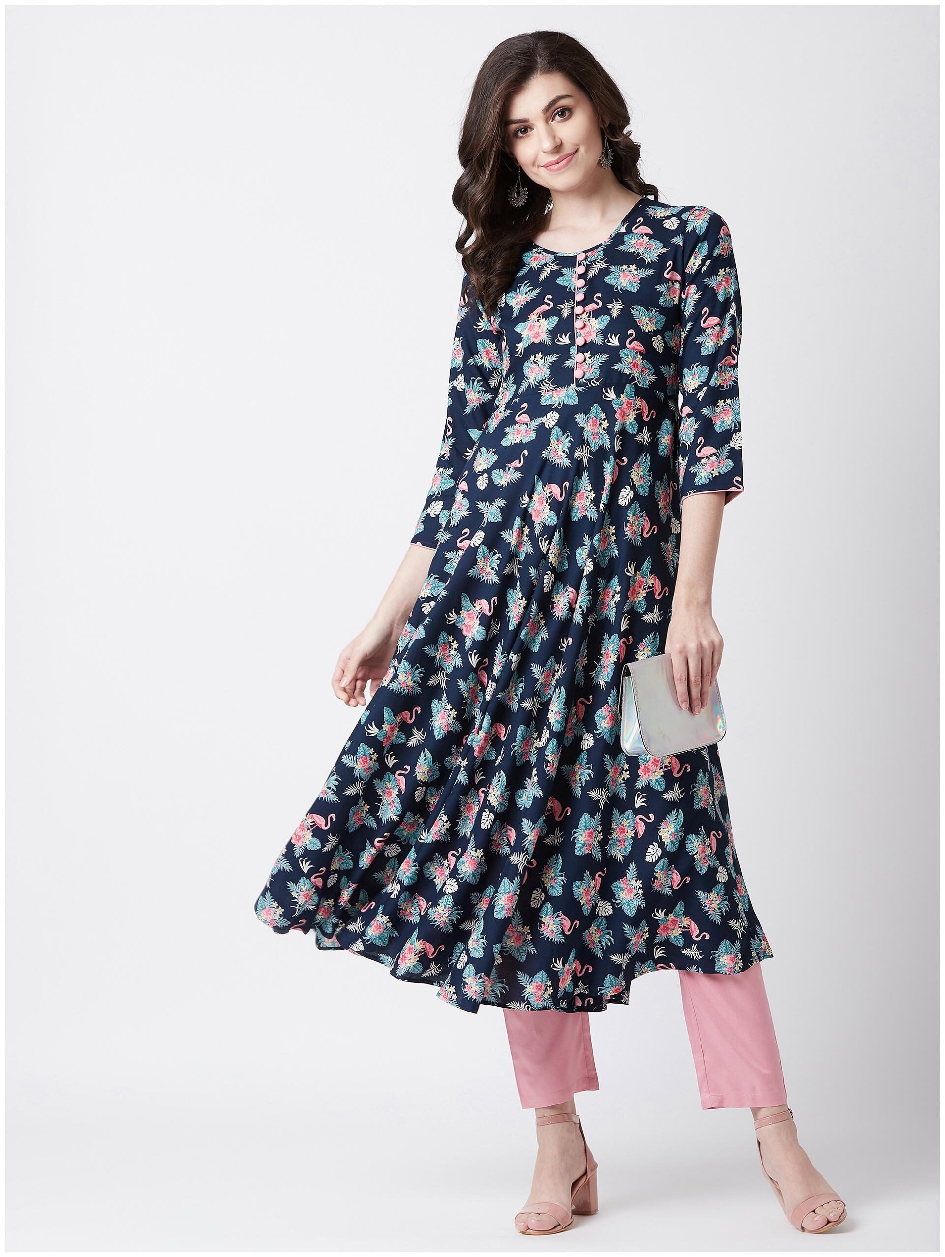 

Tissu Women s Navy Blue Pink Swan Printed Flared Kurta