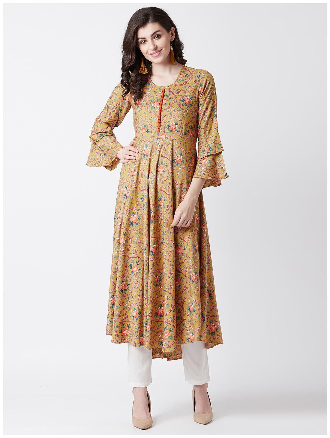 

Tissu Women s Yellow Orange Floral Printed Kurta With Pom Pom