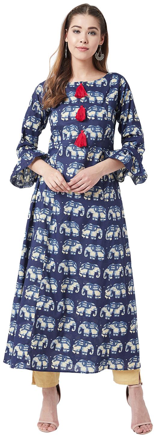 

Tissu Women Cotton Printed Navy Blue Kurta