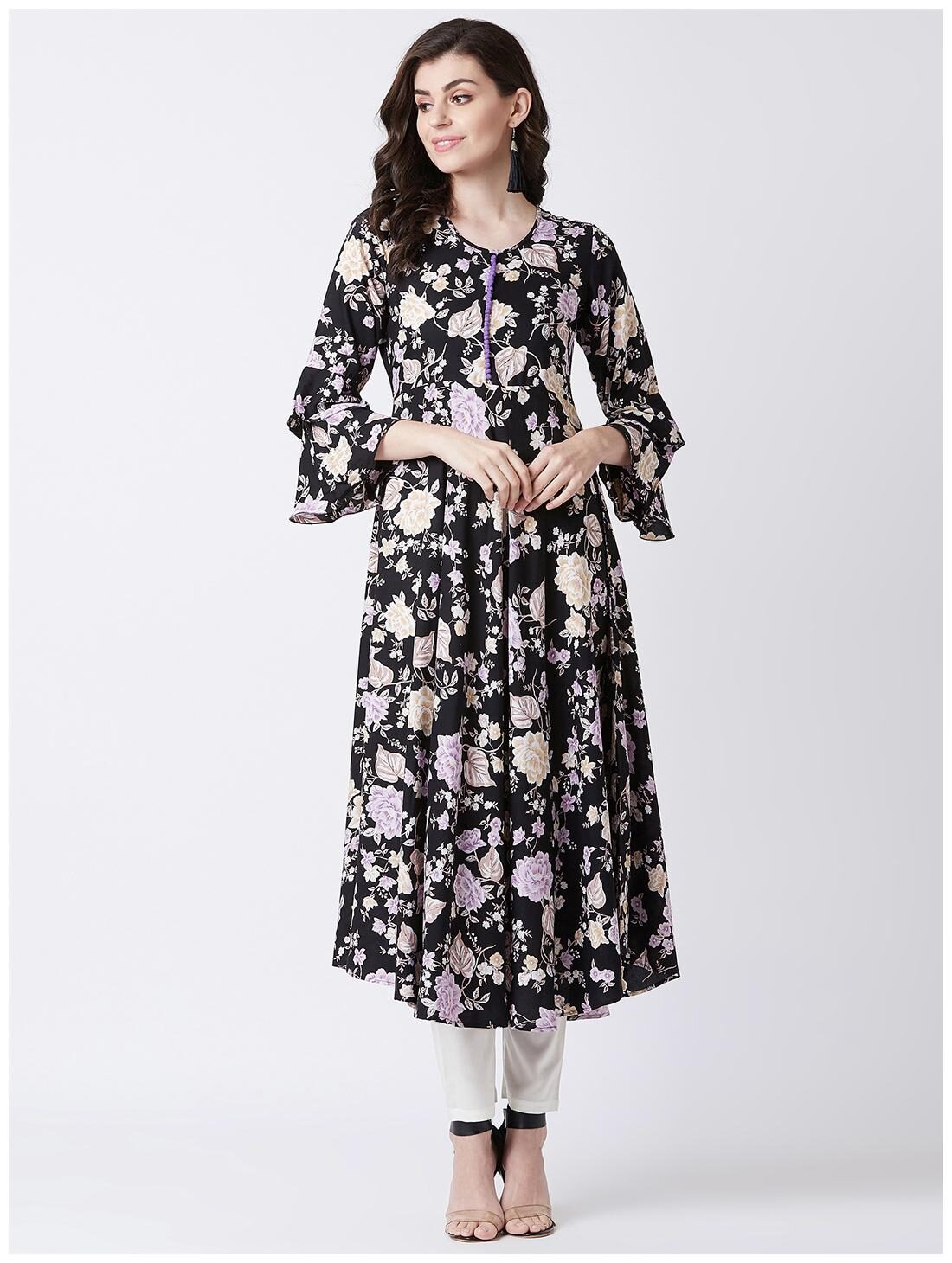 

Tissu Women s Black Purple Floral Printed Kurta With Pom Pom
