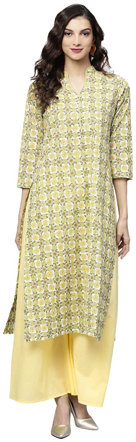 

Tissu Women White Moss Green Floral Printed Kurta With Palazzos