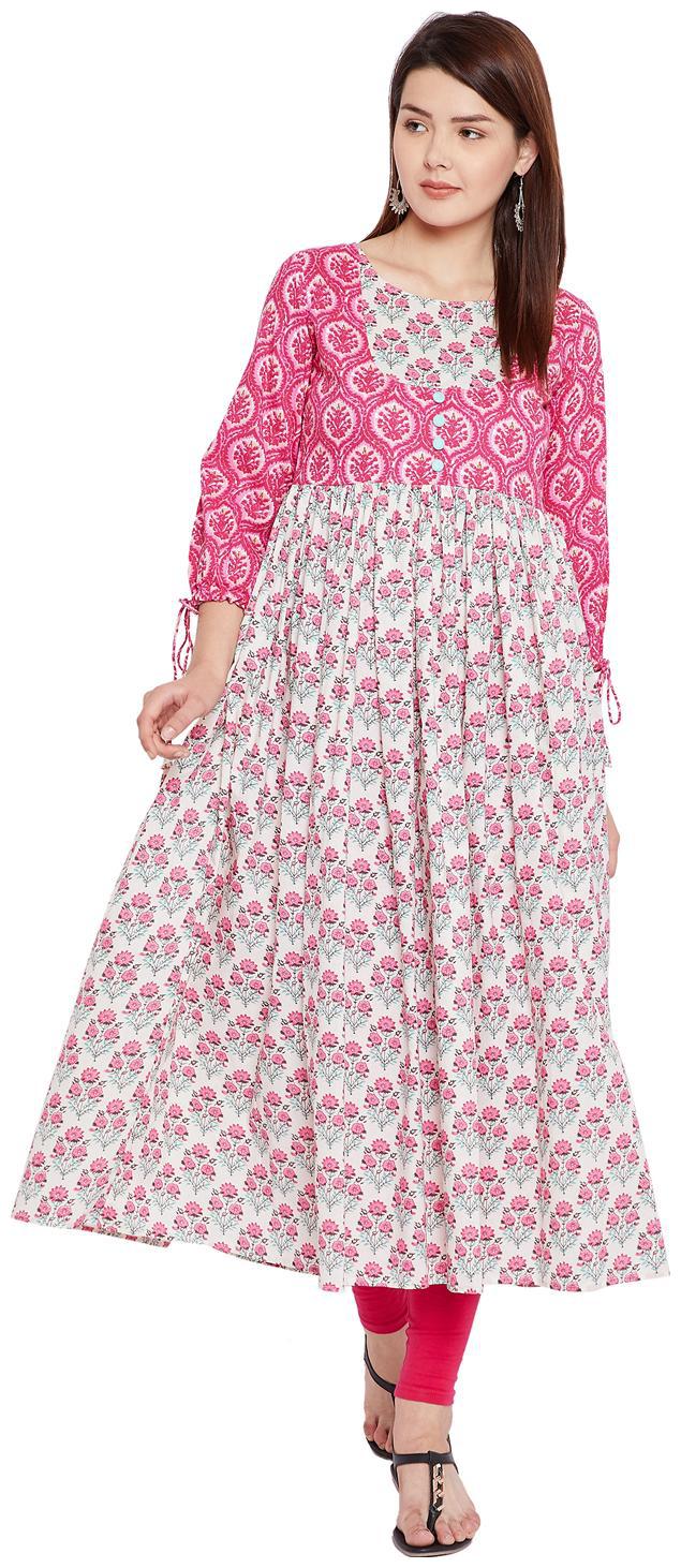 

Tissu Women Off White Pink Floral Printed Flared Kurta