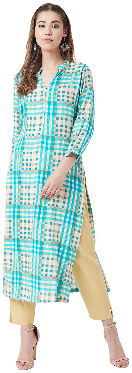 

Tissu Women Turquoise Checkered Straight Kurta