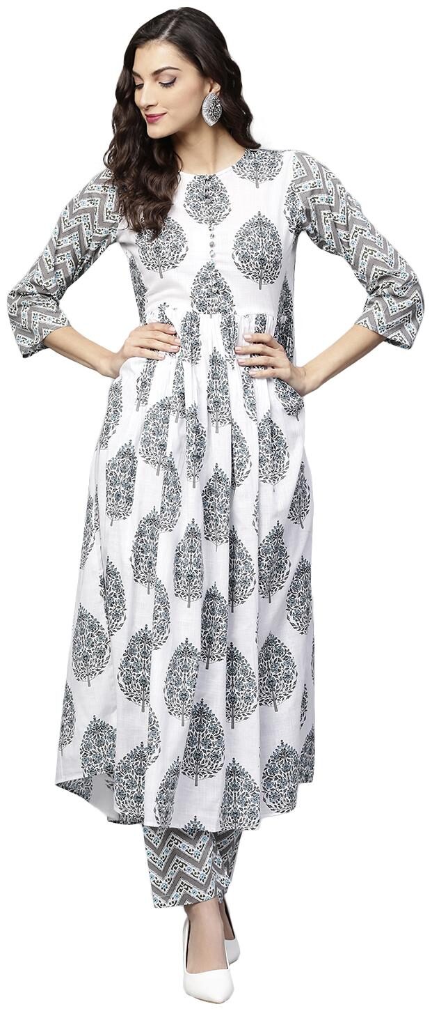 

Tissu Women White Grey Floral Printed Kurta With Pyjamas