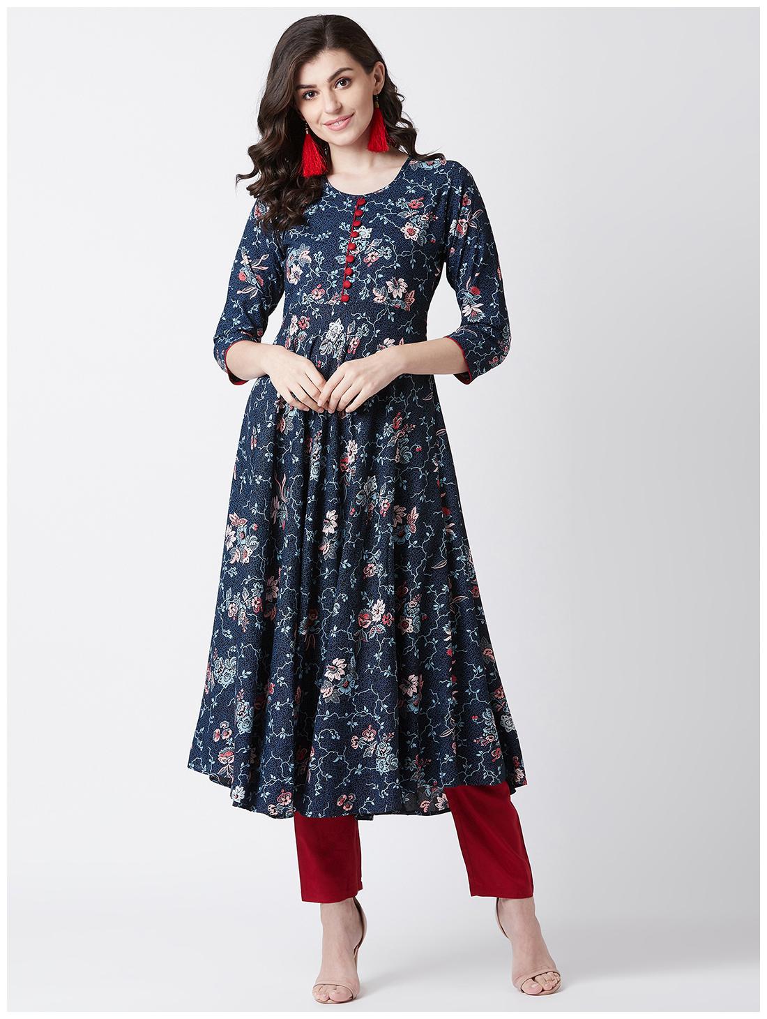 

Tissu Women s Navy Blue Multi Floral Printed Kurta