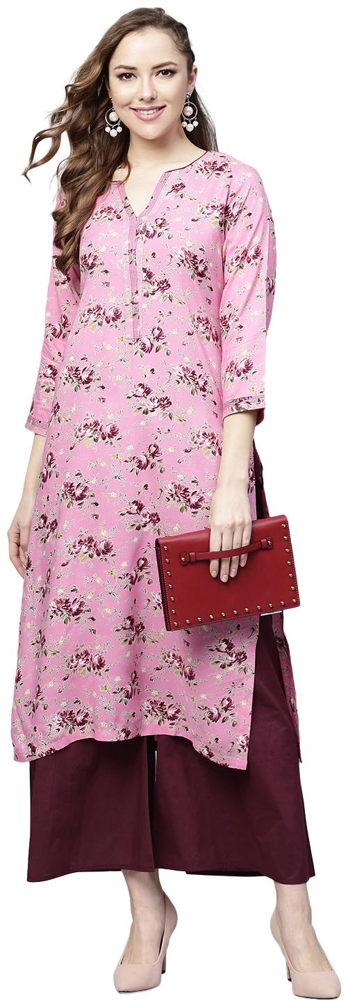 

Tissu Women Pink Maroon Floral Printed Kurta With Palazzos
