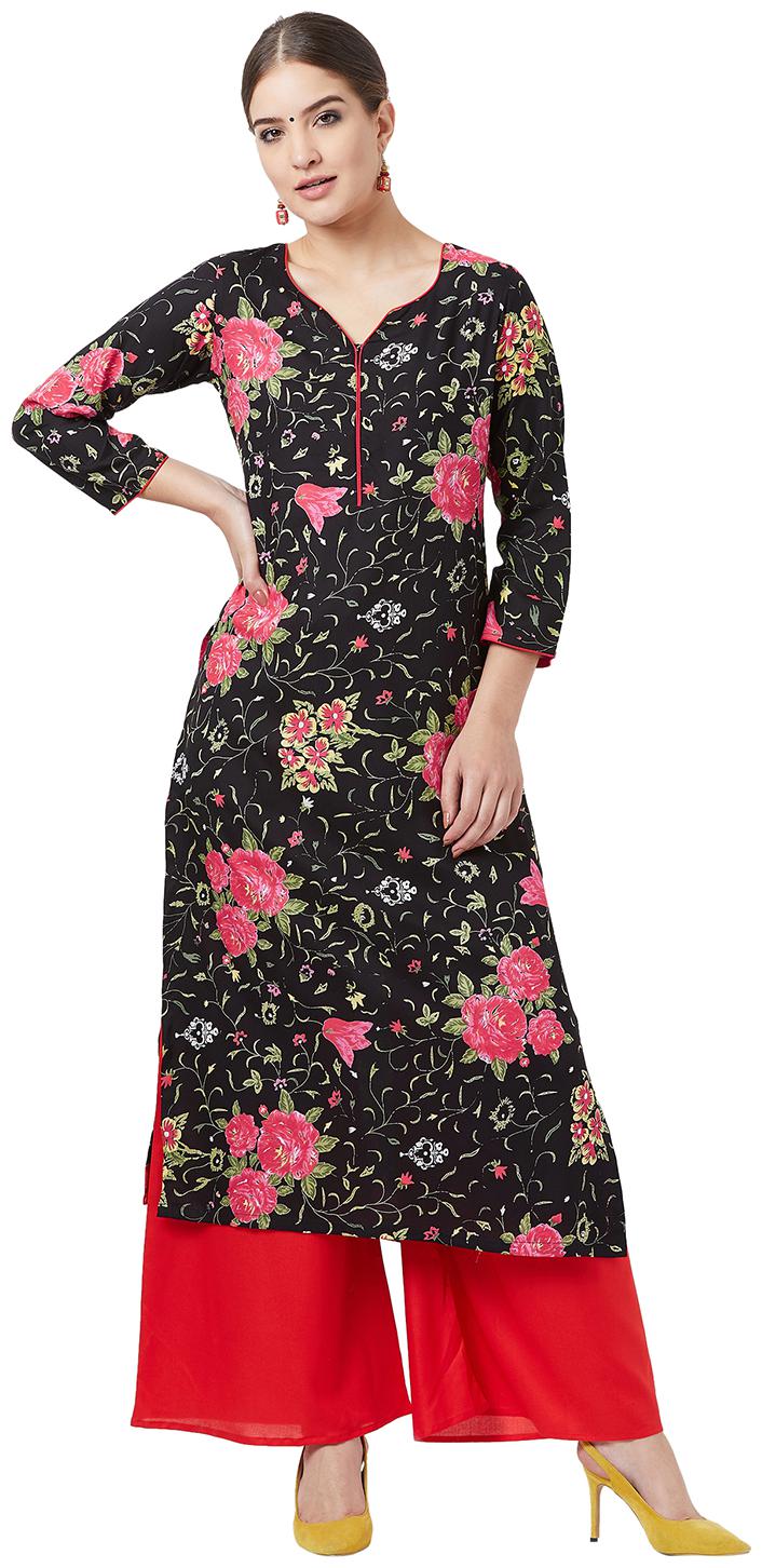 

Tissu Women Black Floral Straight Kurta With Palazzo