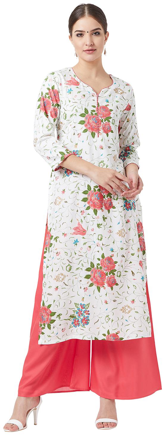 

Tissu Women White Floral Straight Kurta With Palazzo