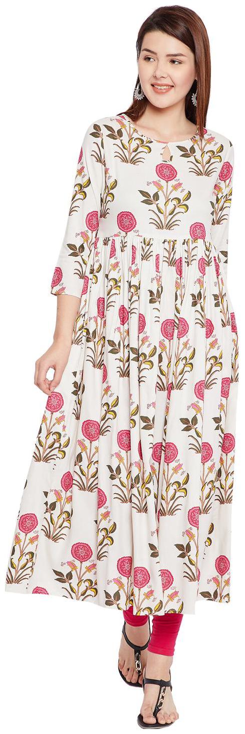 

Tissu Women Off White Floral Printed Pleated Flared Kurta