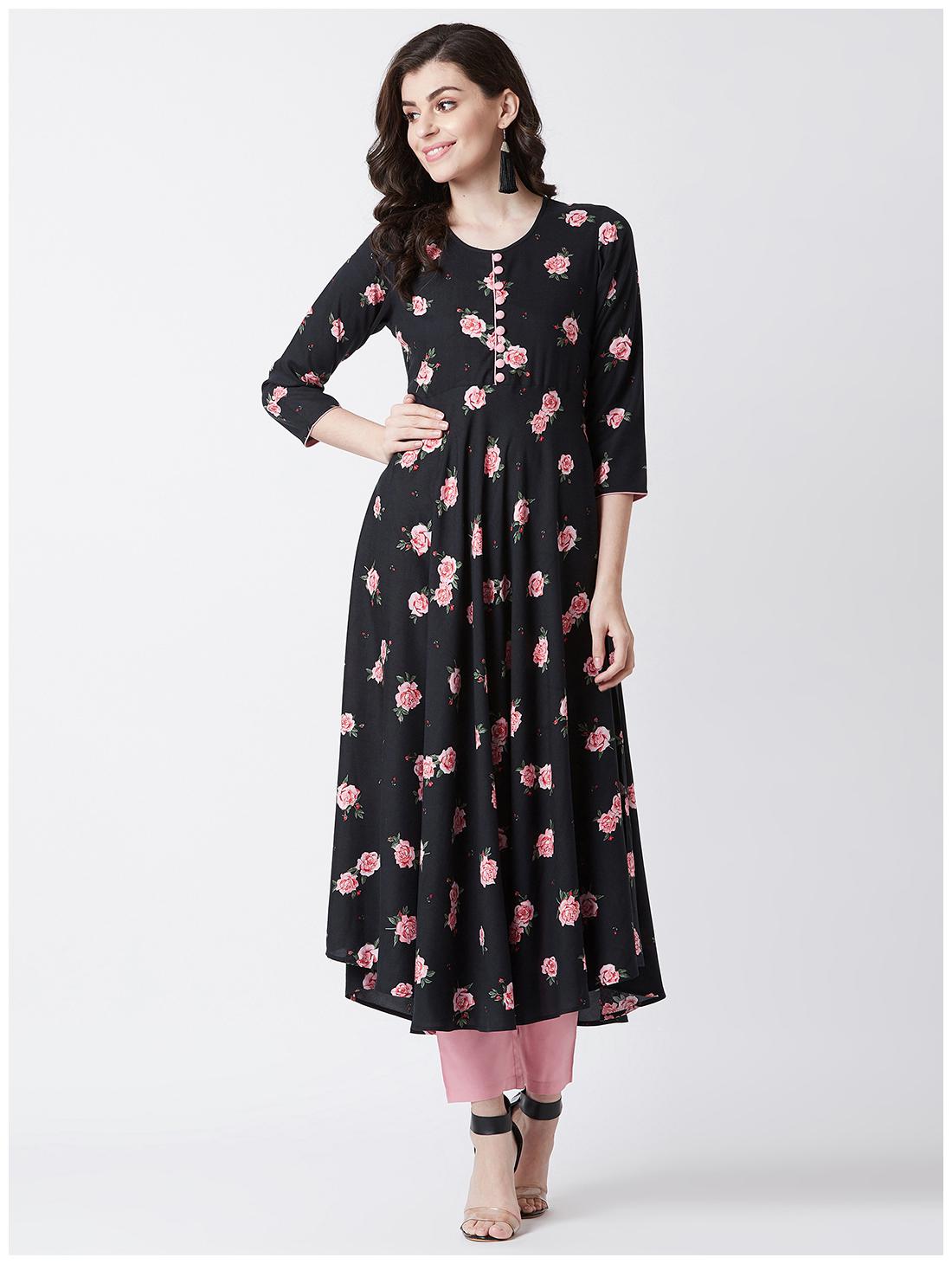 

Tissu Women s Black Pink Rose Printed Flared Kurta
