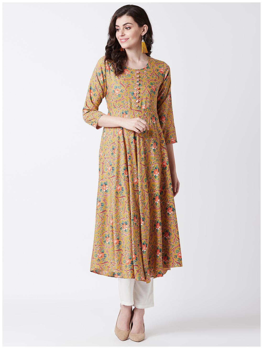 

Tissu Women s Yellow Orange Floral Printed Kurta