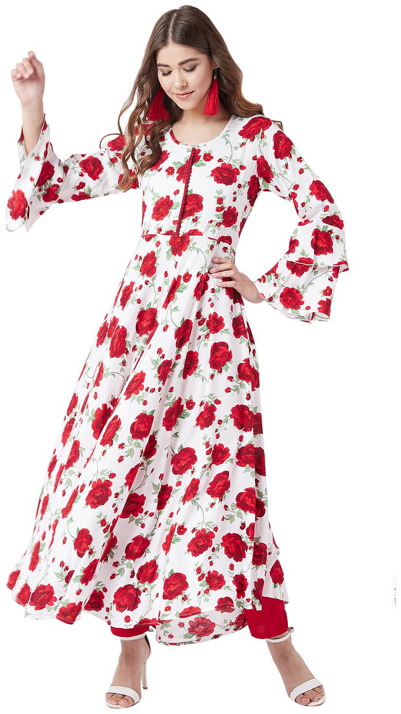 

Tissu Women Viscose Rayon Floral White Red Kurta