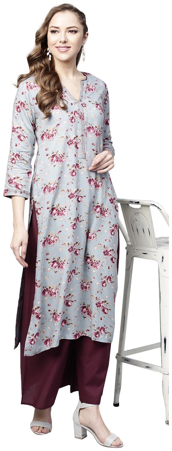 

Tissu Women Cement Grey Maroon Floral Printed Kurta With Palazzos