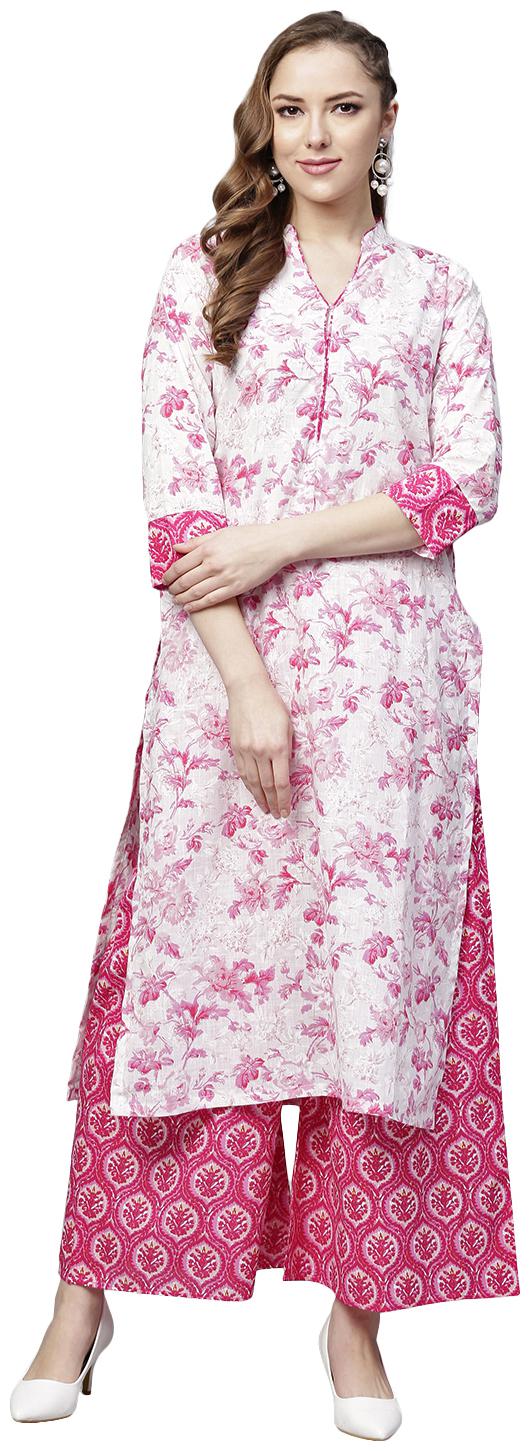 

Tissu Women White Pink Floral Printed Kurta With Palazzos