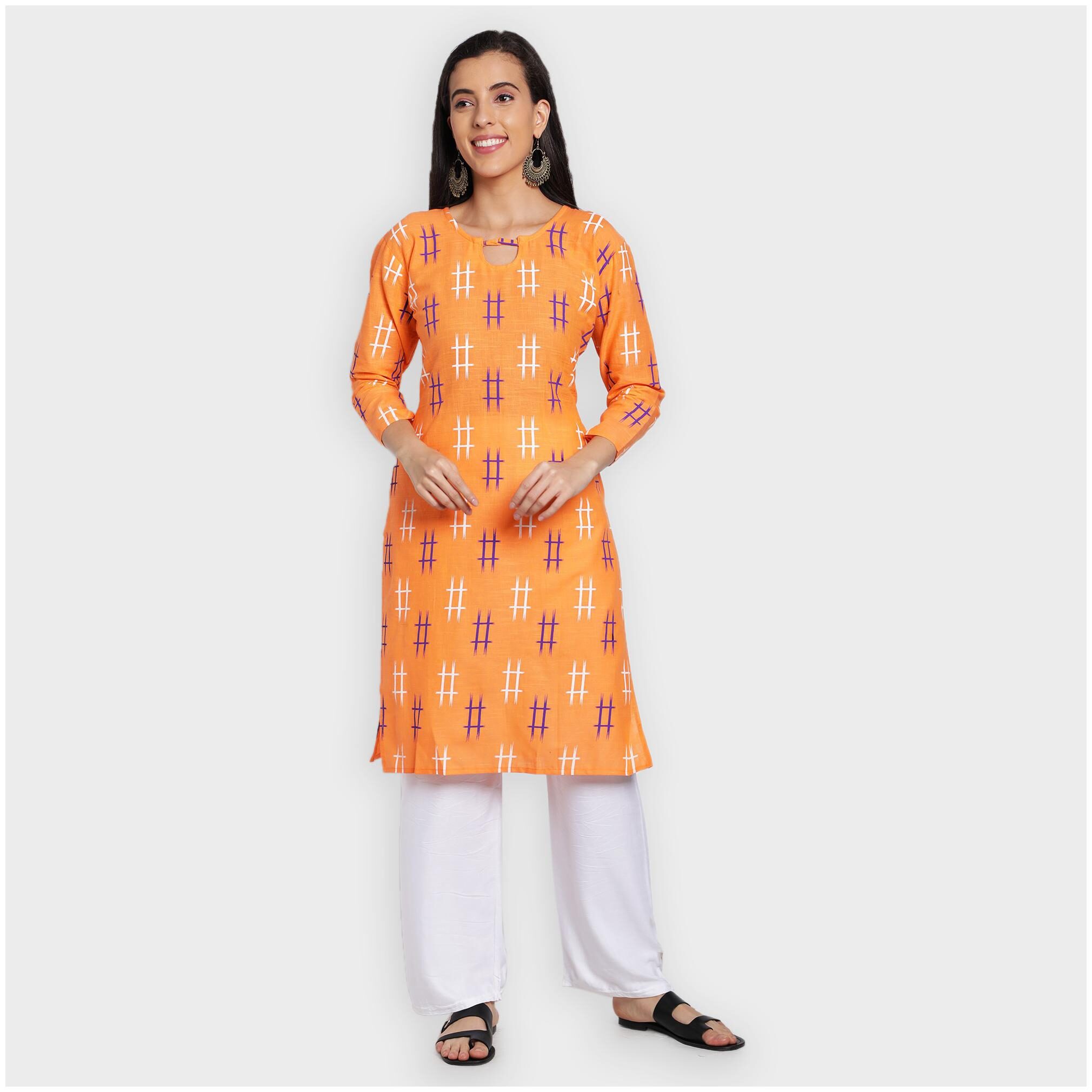 

toshani Women Orange Printed Straight Kurta