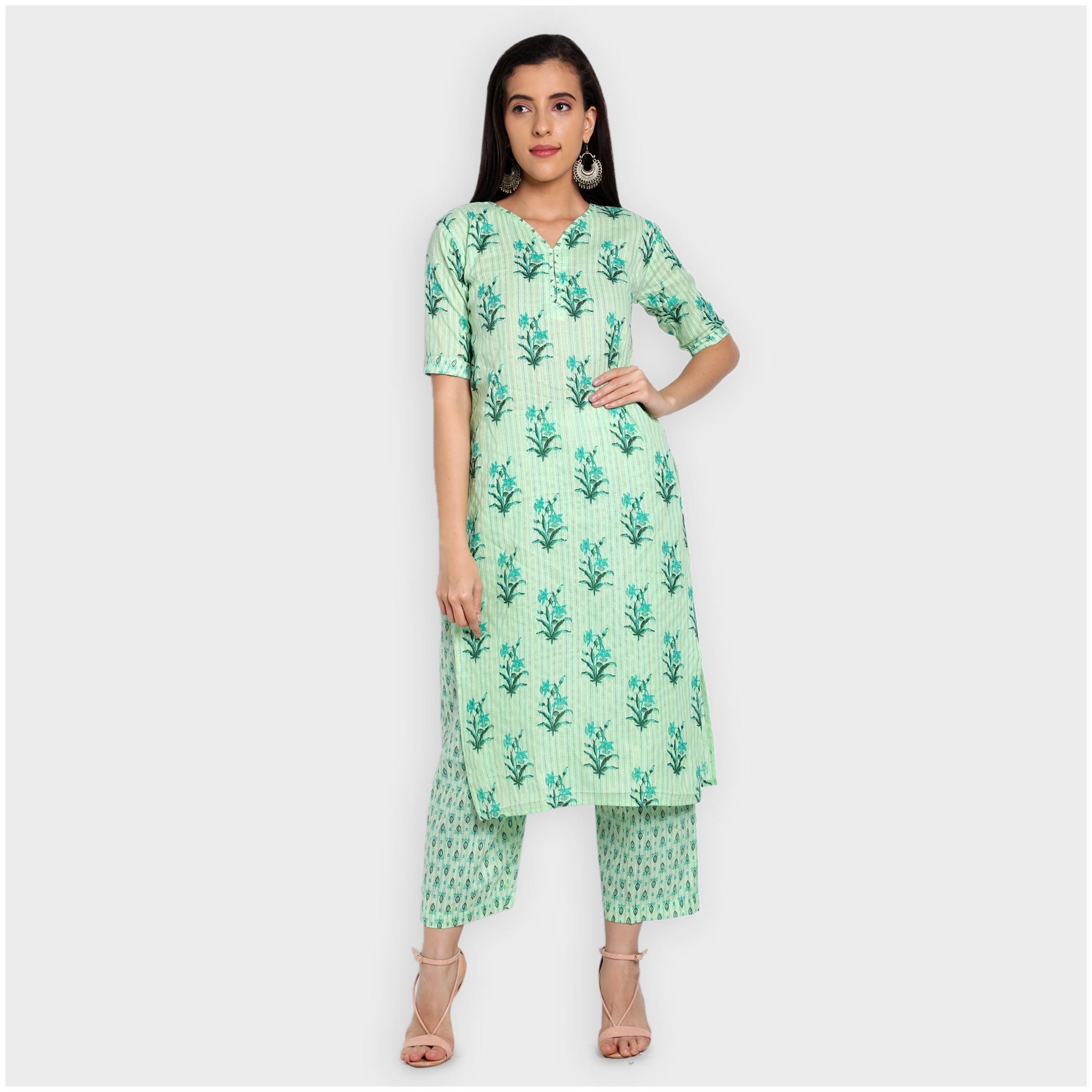 

toshani Women Green Floral Straight Kurta With Palazzo