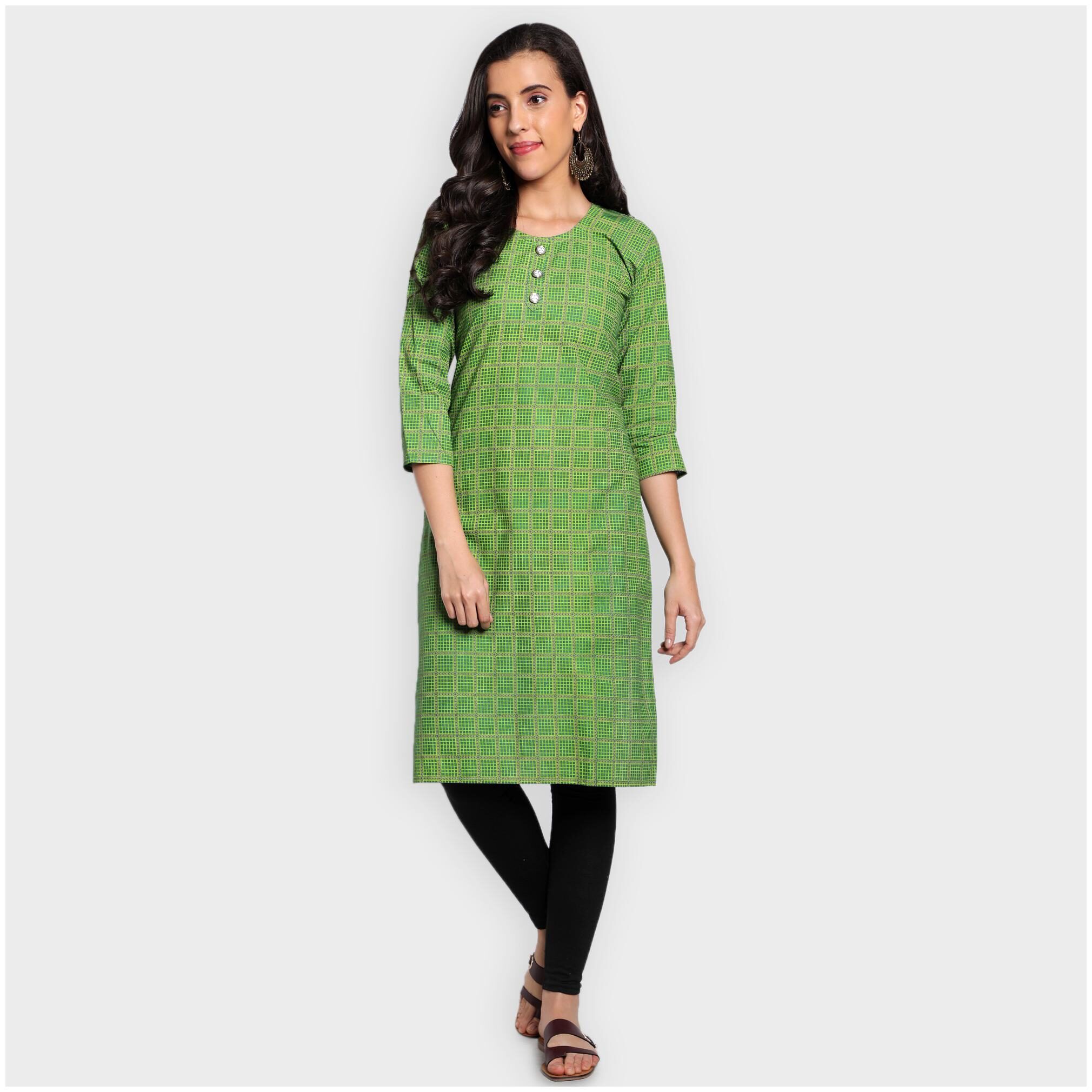 

toshani Women Green Checkered Straight Kurta
