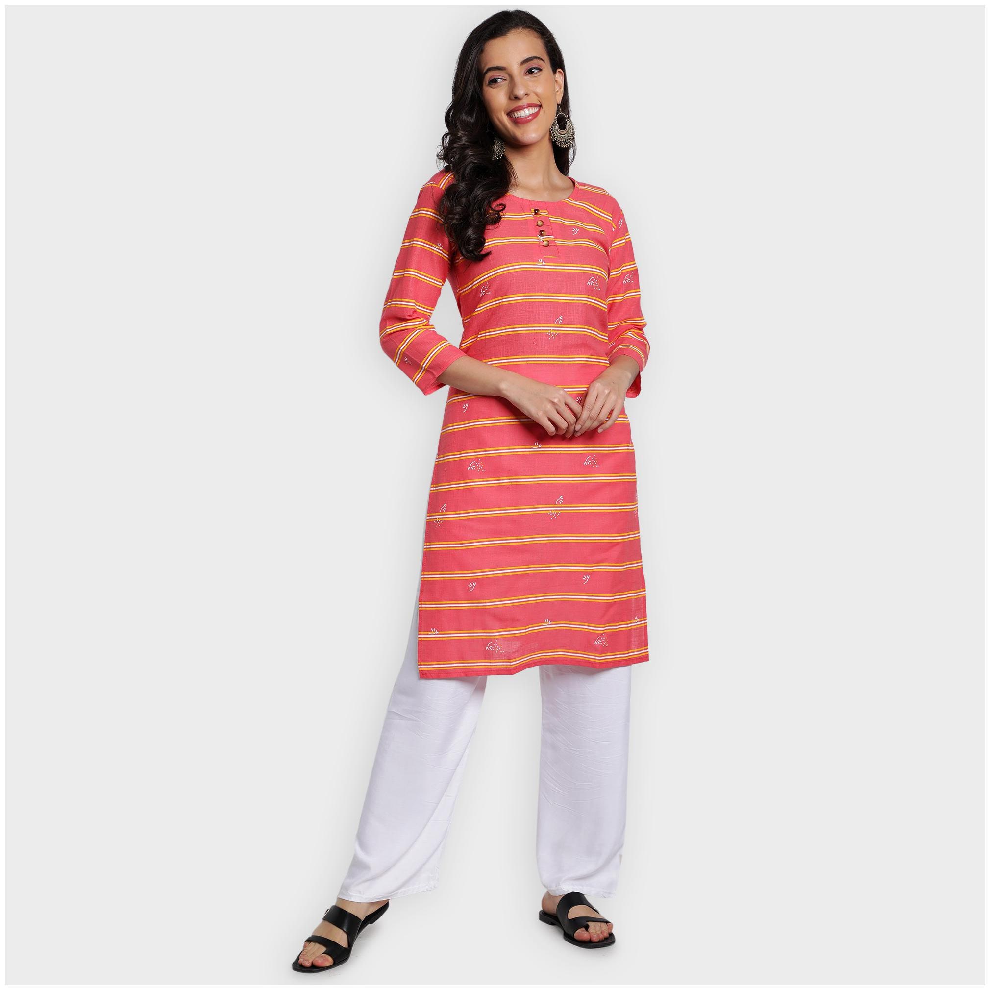 

toshani Women Peach Striped Straight Kurta
