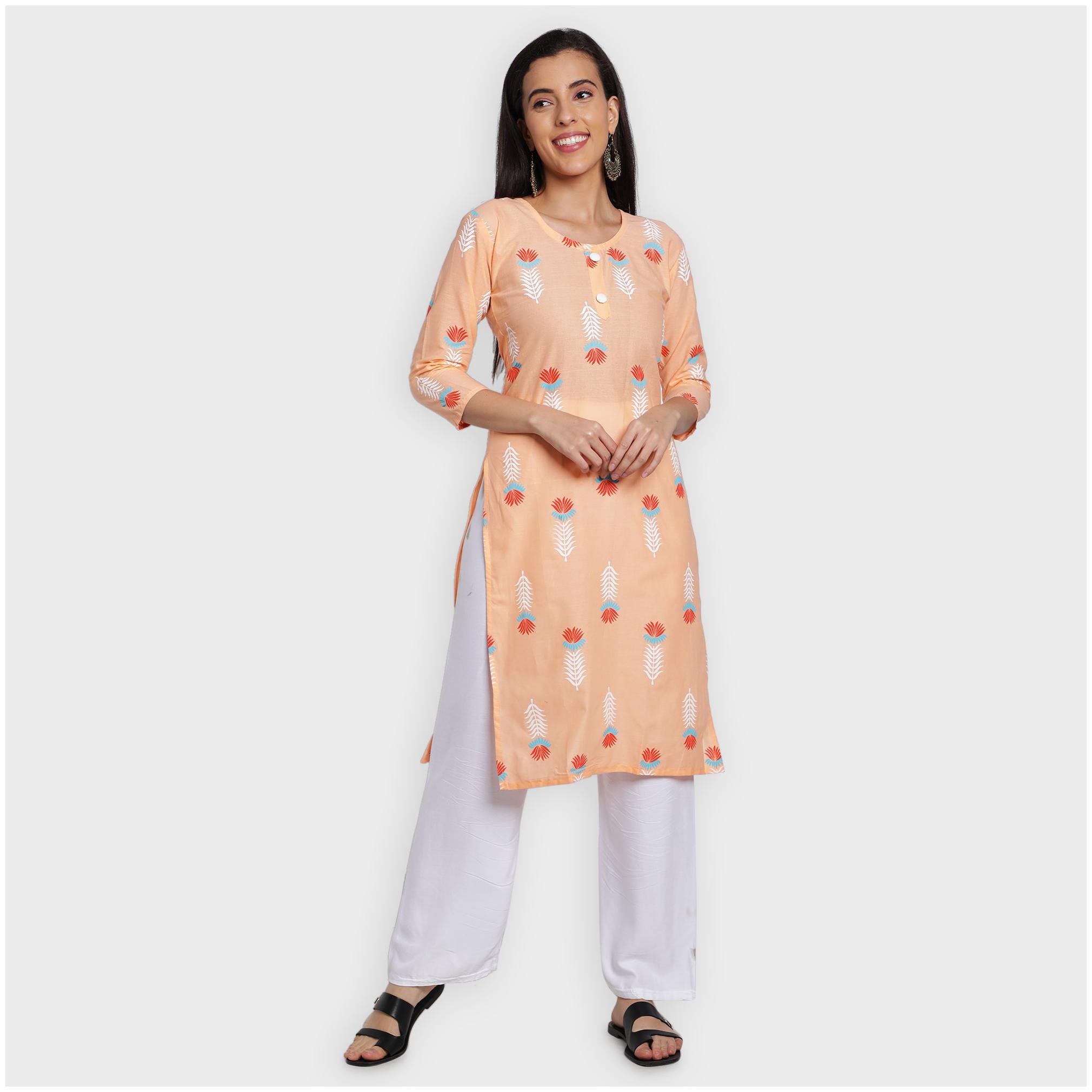 

toshani Women Peach Printed Straight Kurta