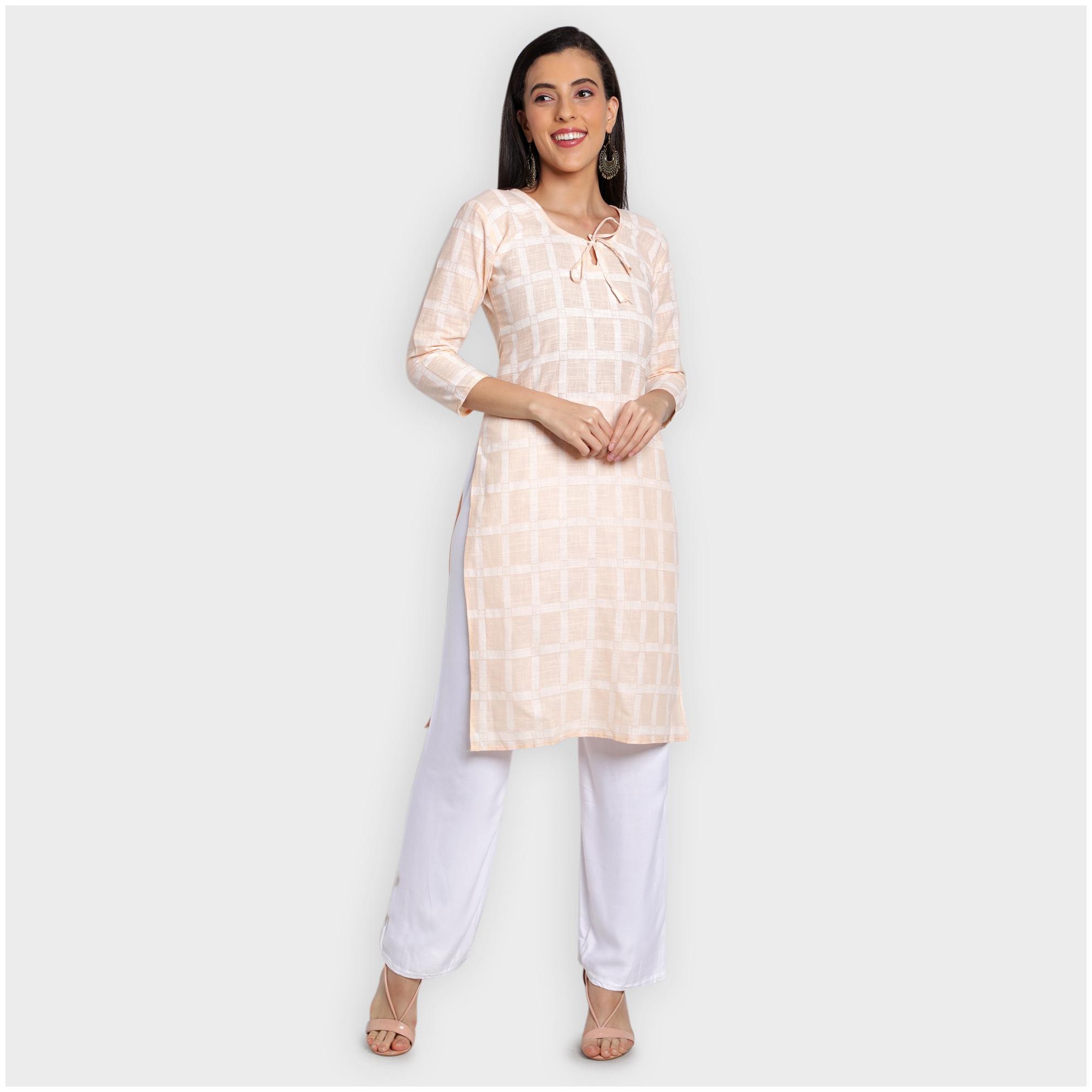 

toshani Cotton Checkered Beige Kurta Palazzo For Women