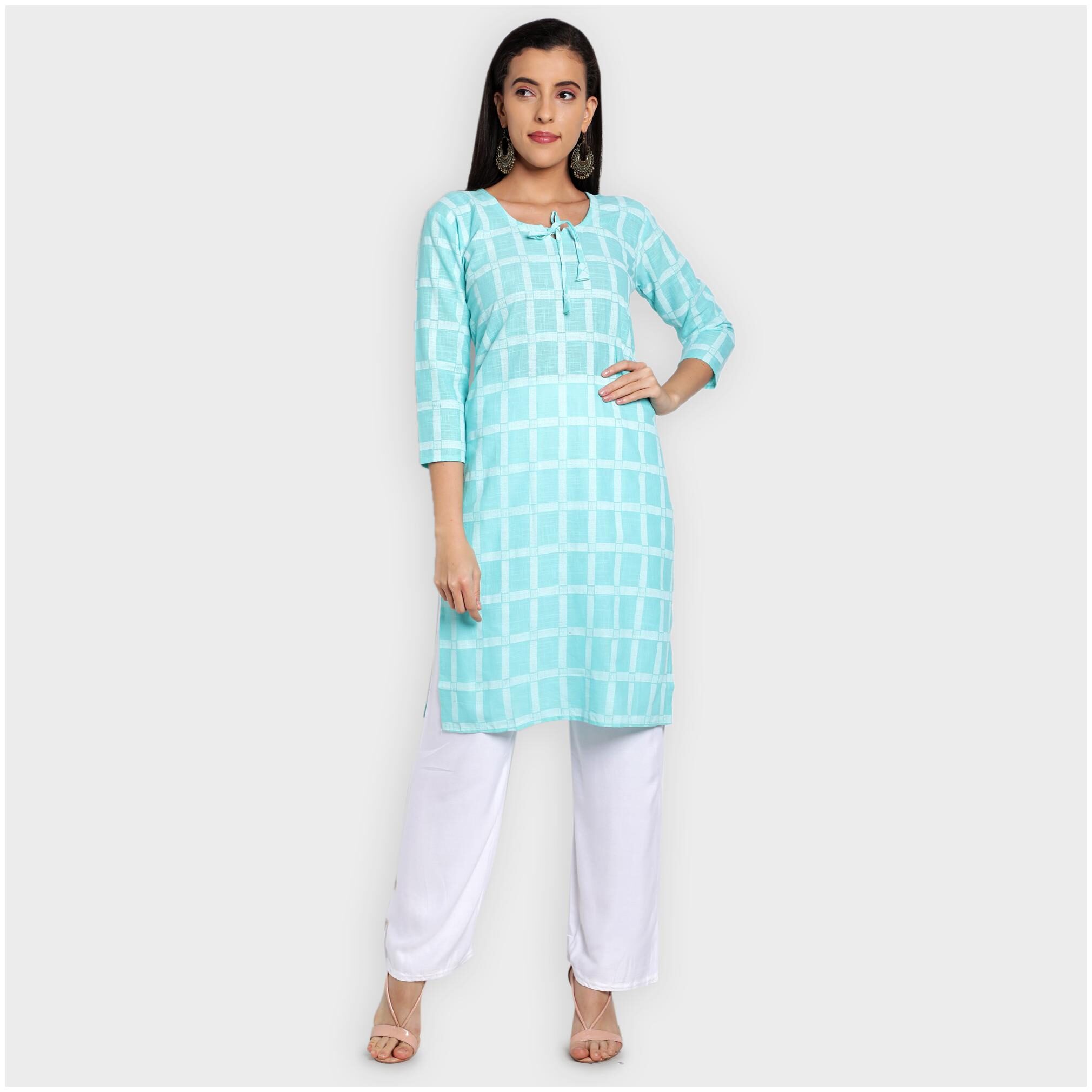 

toshani Cotton Checkered Blue Kurta Palazzo For Women
