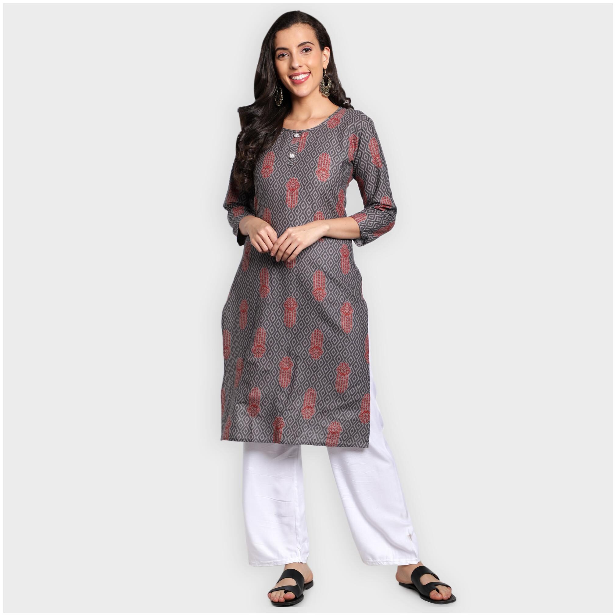 

toshani Women Grey Printed Straight Kurta