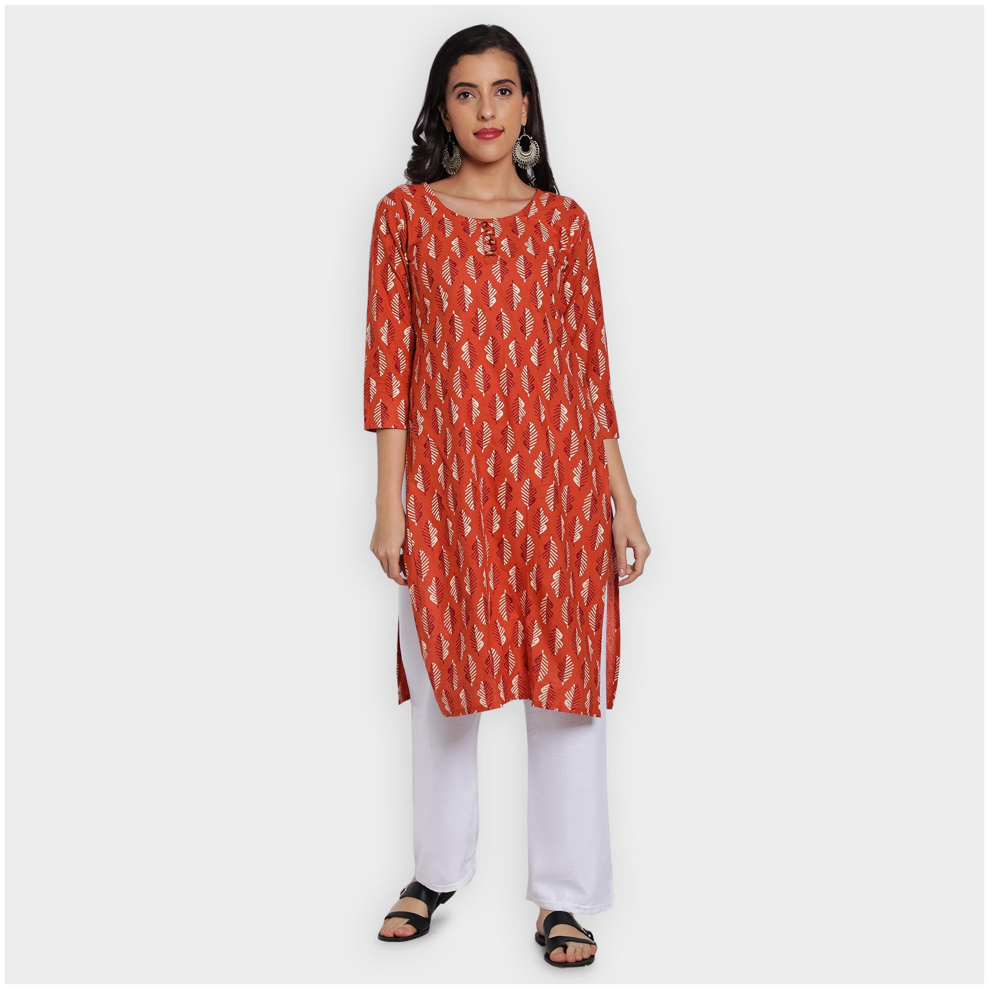 

toshani Women Orange Printed Straight Kurta