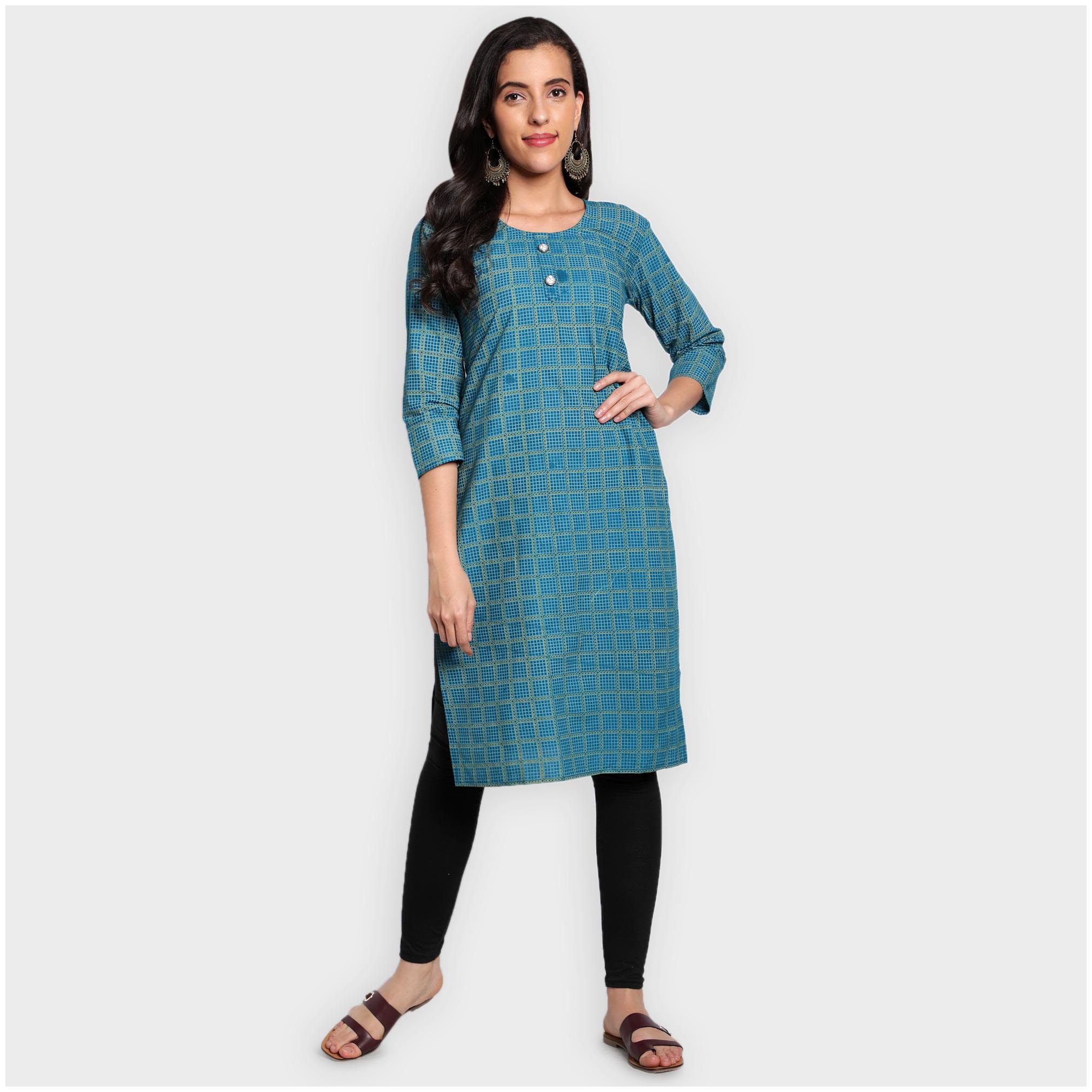 

toshani Women Blue Checkered Straight Kurta