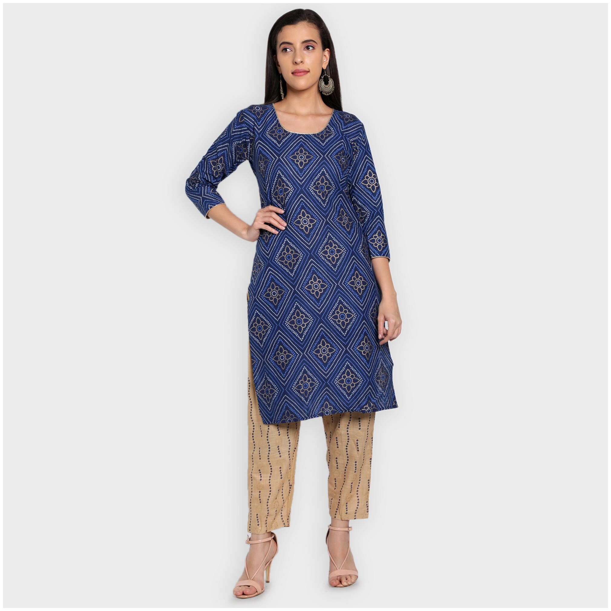 

toshani Women Blue Bandhani Straight Kurta With Pants