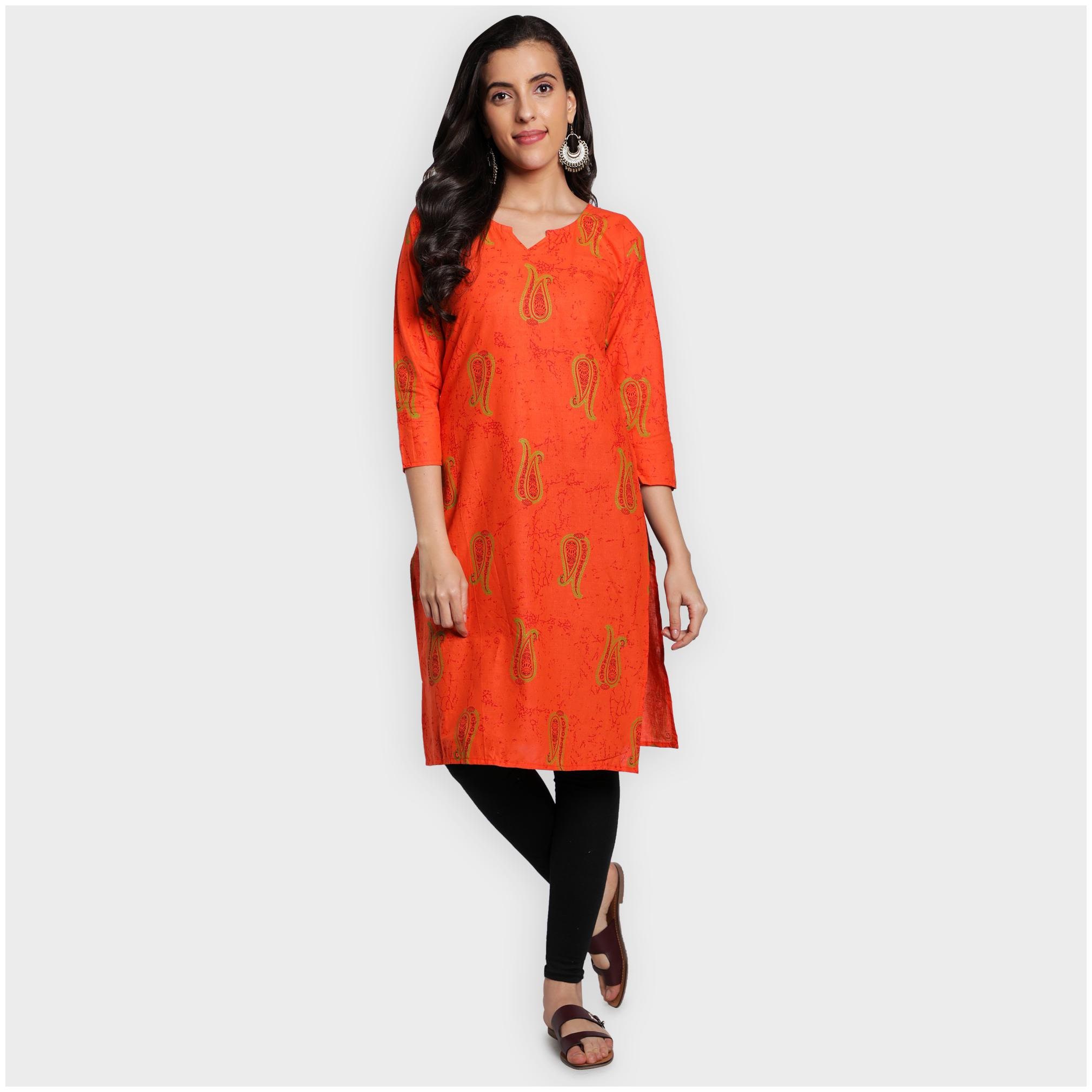 

toshani Women Orange Printed Straight Kurta