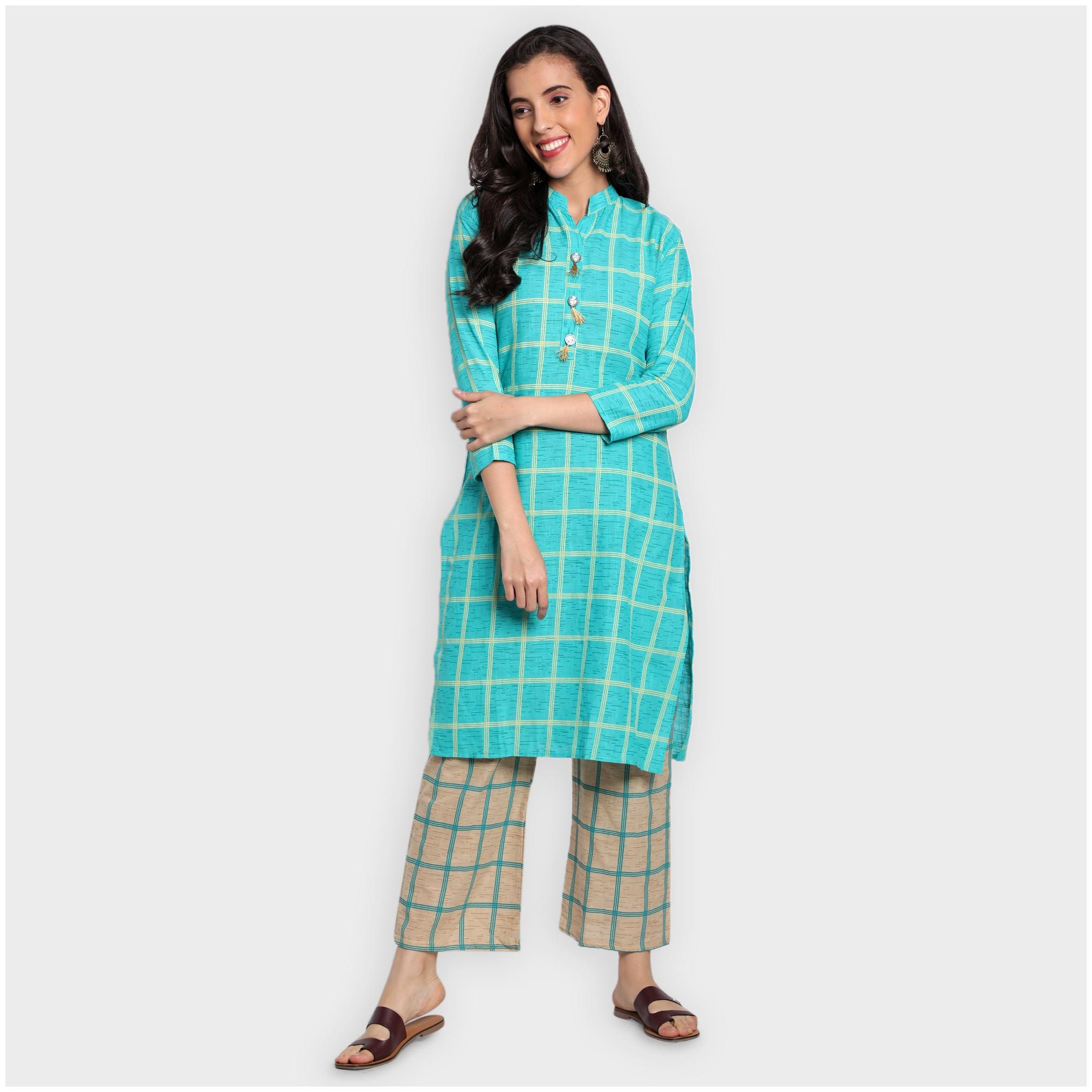 

Toshani Women Cotton Checkered Green Kurta With Palazzo