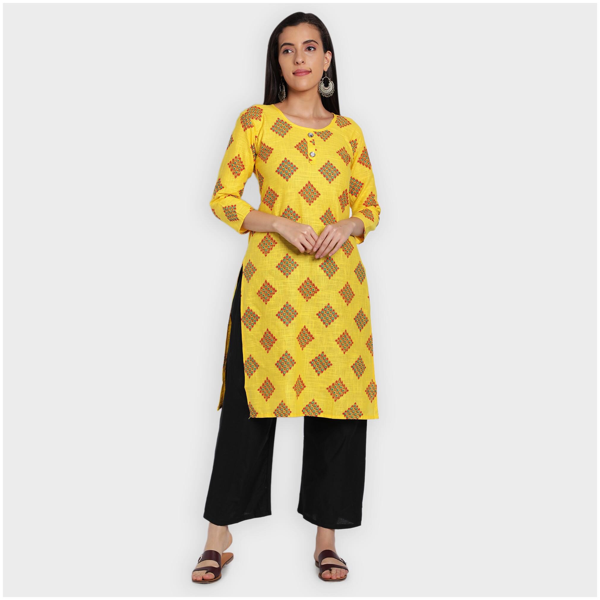 

toshani Women Yellow Printed Straight Kurta