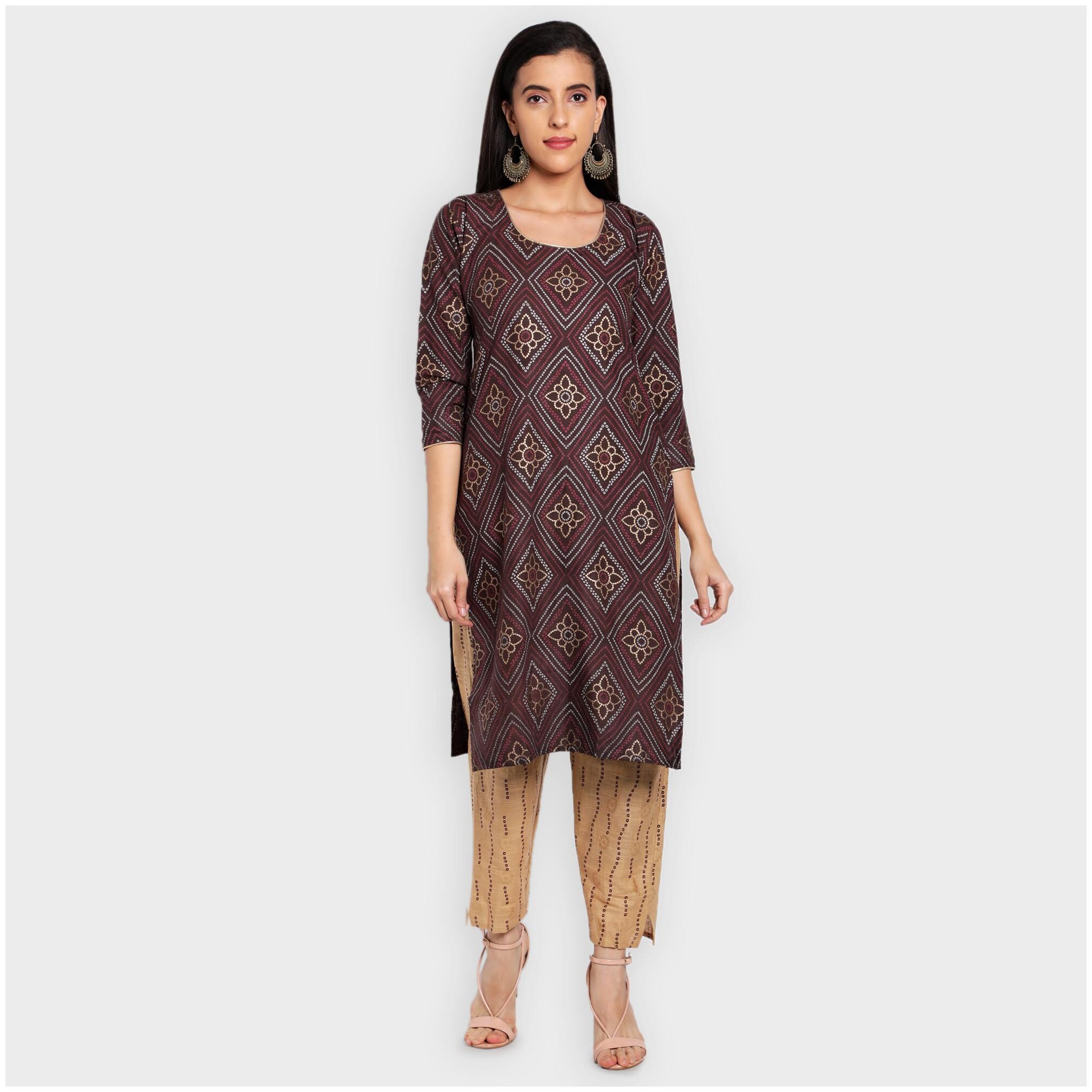 

toshani Women Brown Bandhani Straight Kurta With Pants