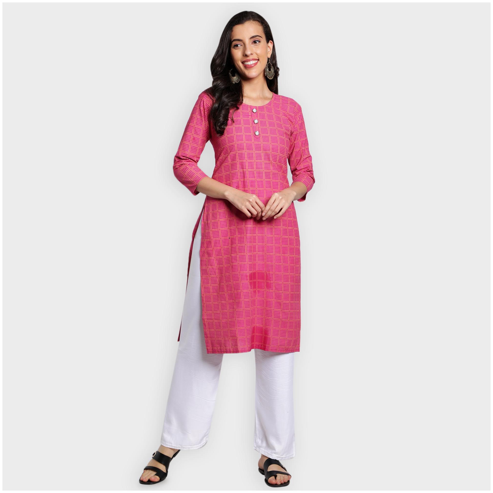 

toshani Women Pink Checkered Straight Kurta