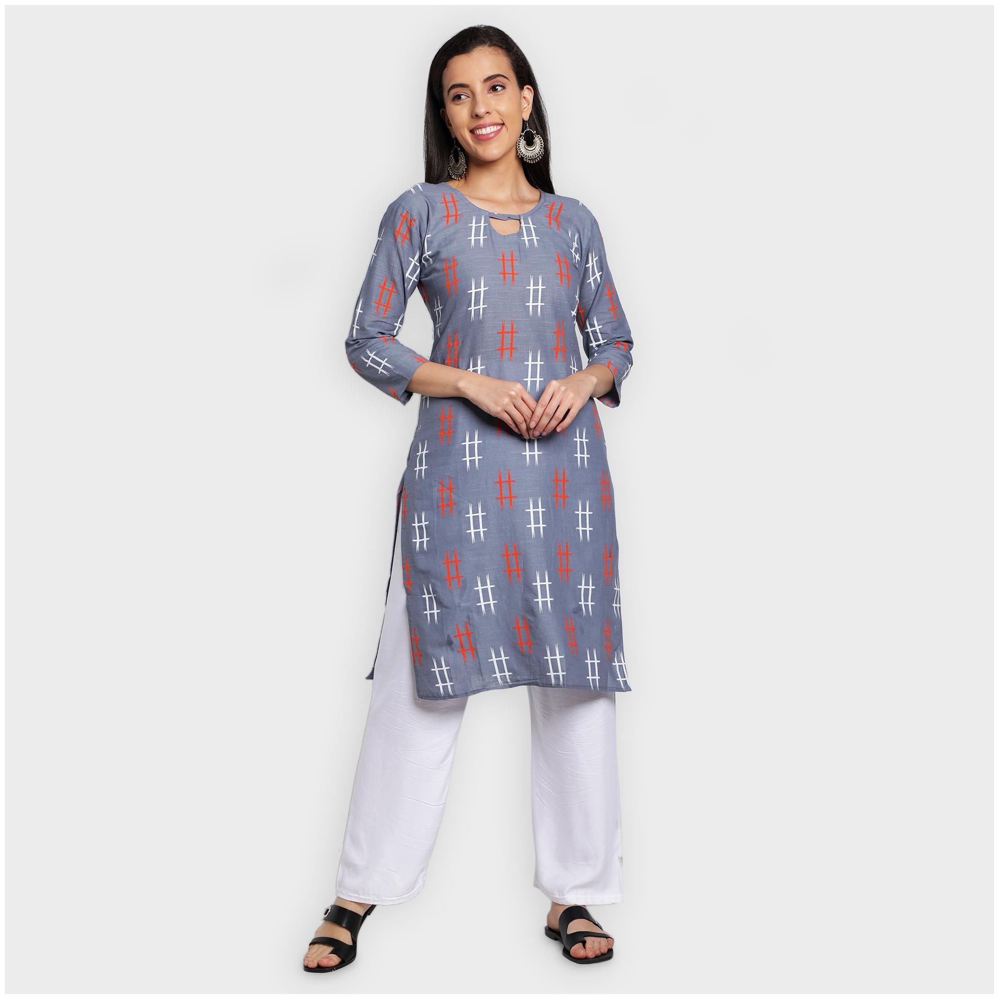 

toshani Women Grey Printed Straight Kurta
