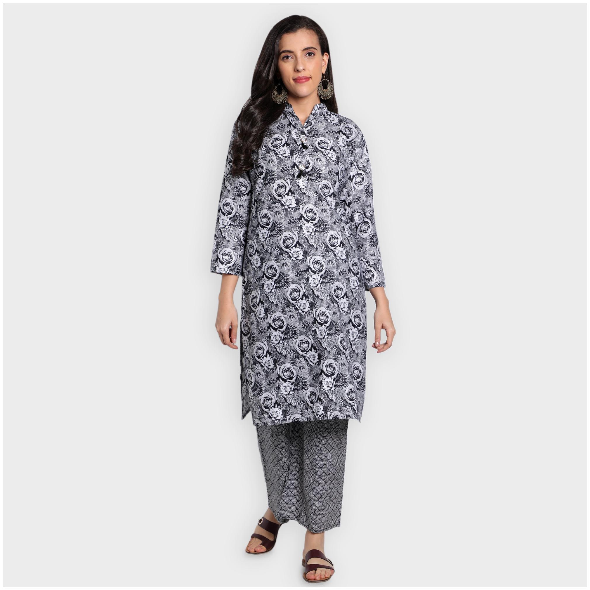 

toshani Women Grey Floral Straight Kurta With Palazzo