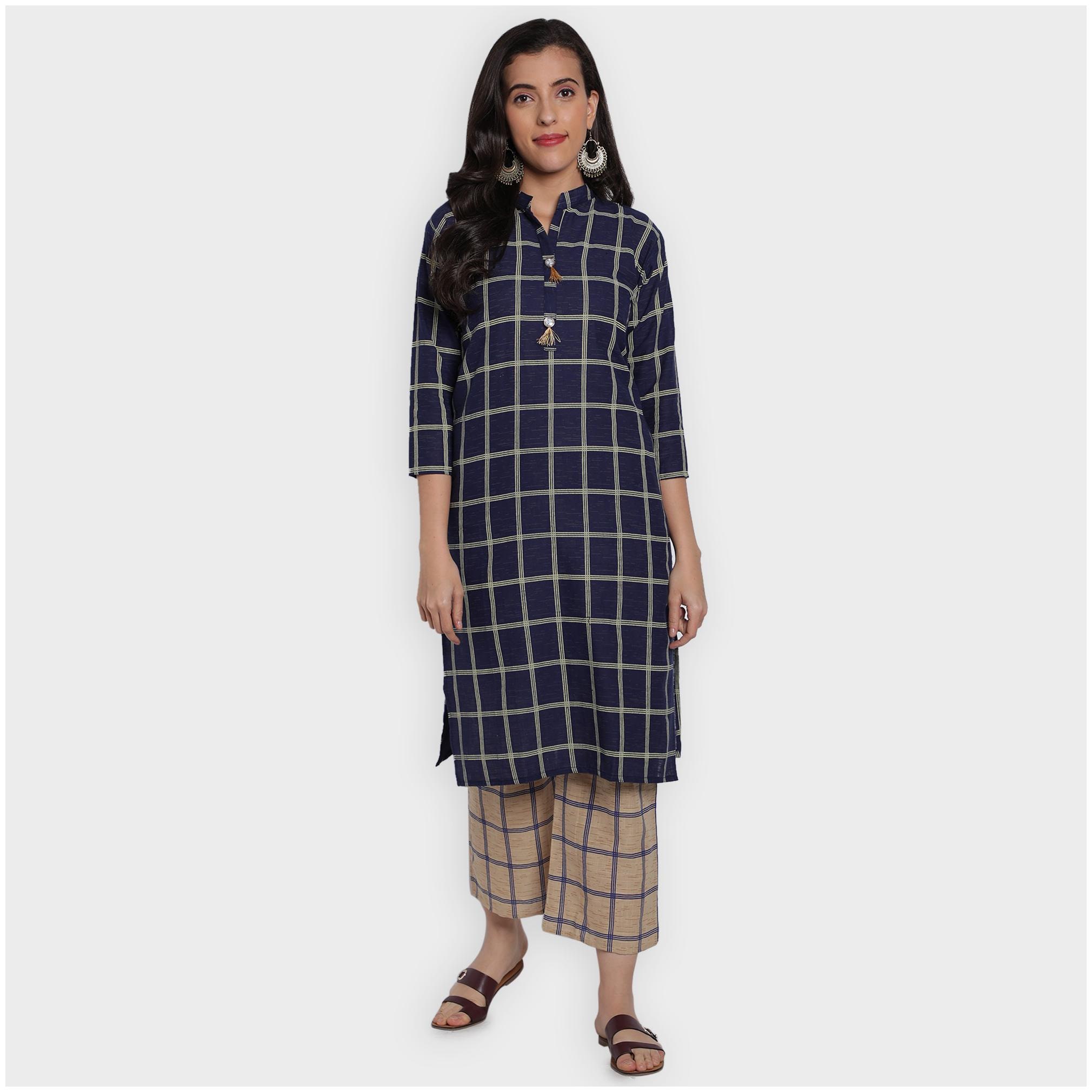 

Toshani Women Cotton Checkered Blue Kurta With Palazzo
