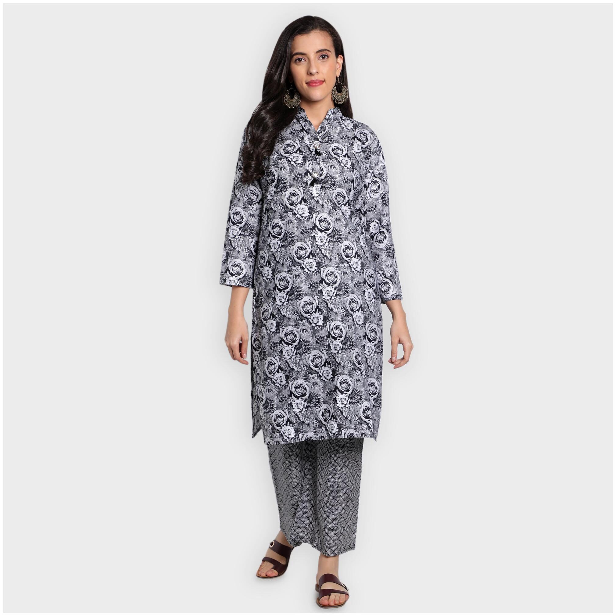 

toshani Women Grey Floral Straight Kurta With Palazzo