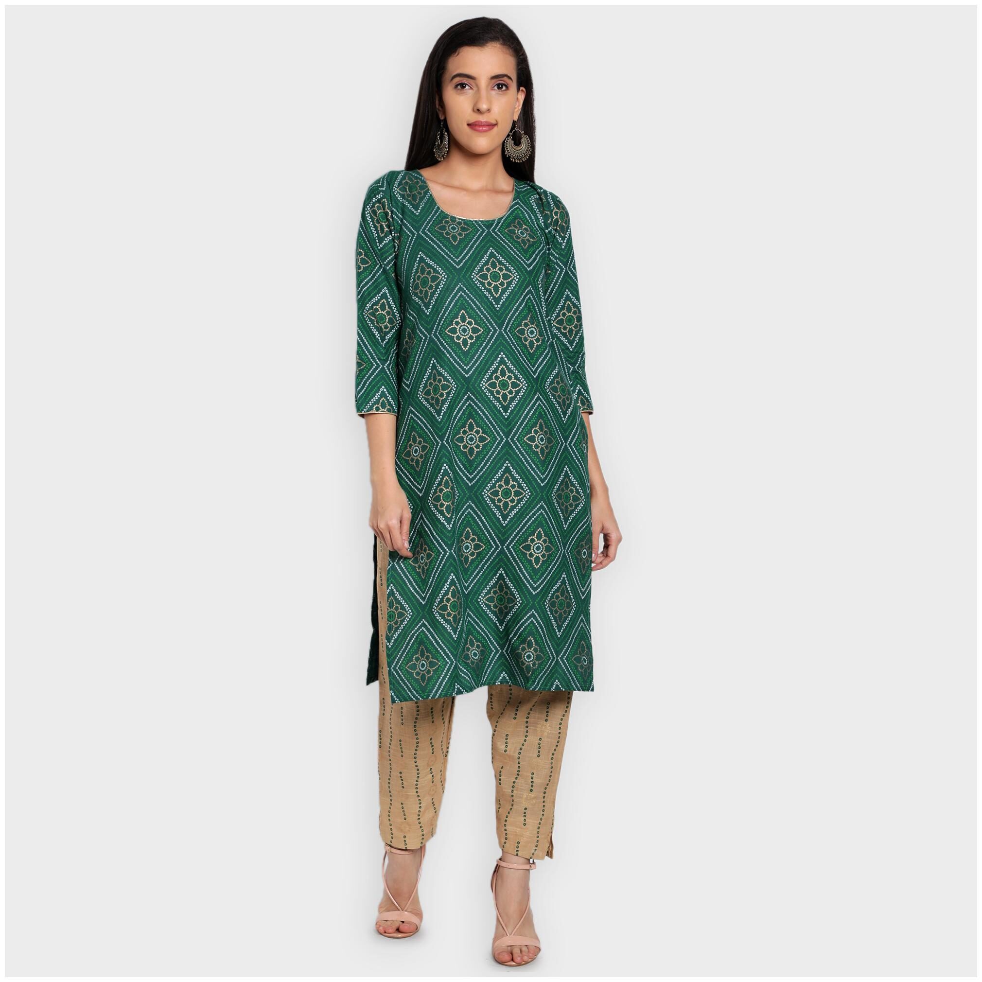 

toshani Women Green Bandhani Straight Kurta With Pants