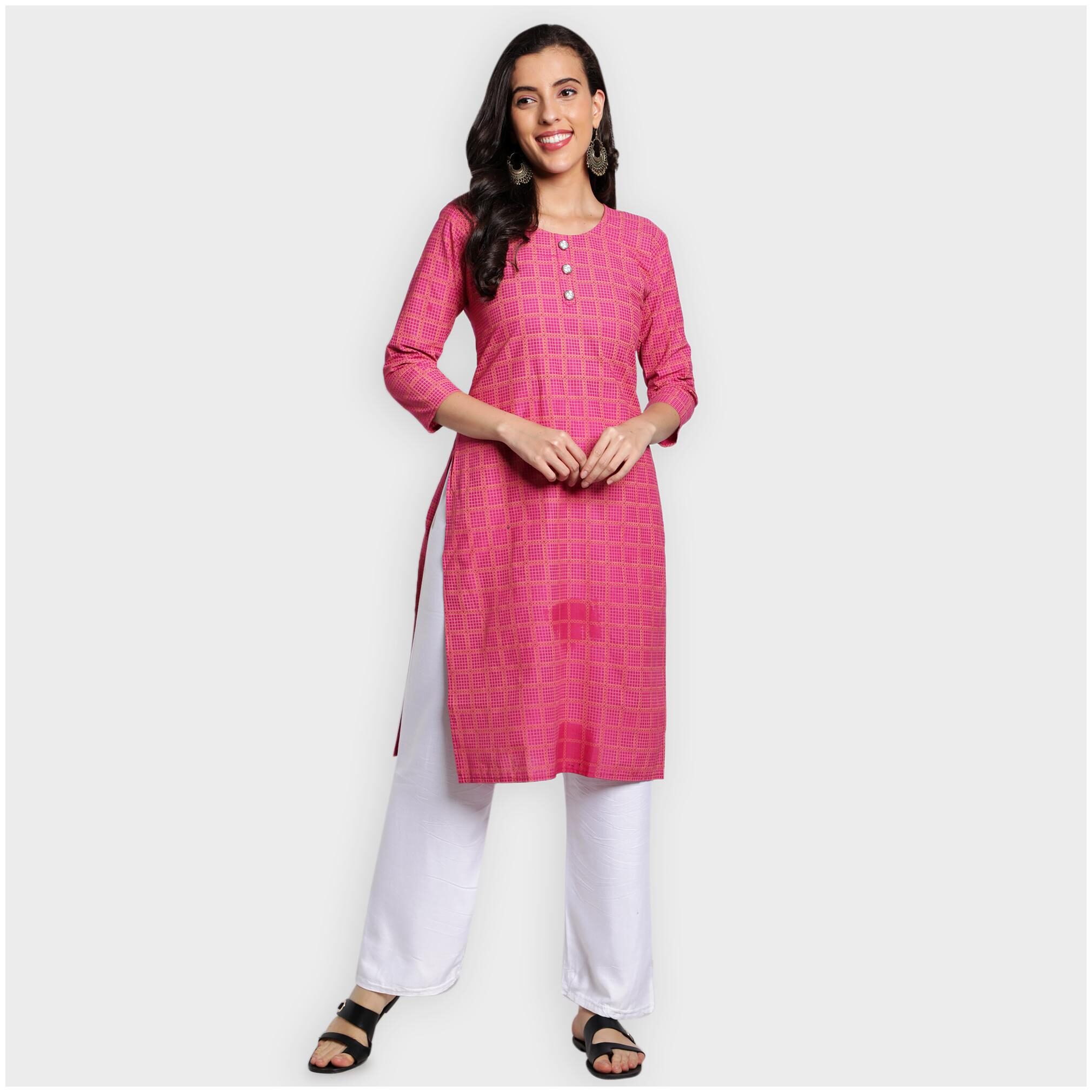

toshani Women Pink Checkered Straight Kurta