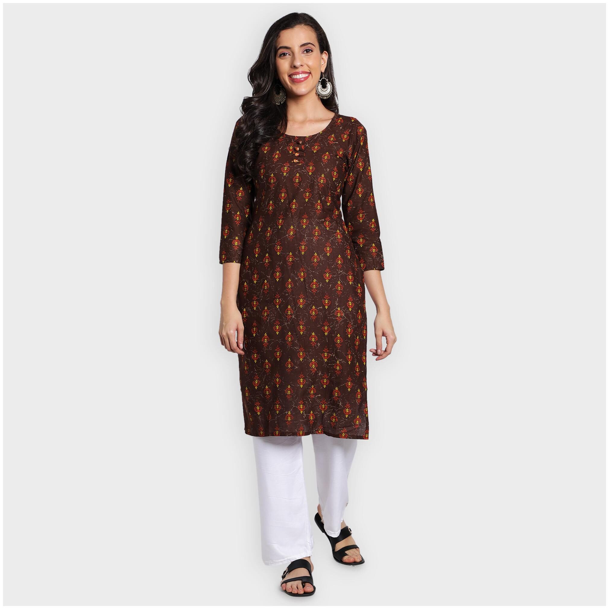 

toshani Women Brown Printed Straight Kurta