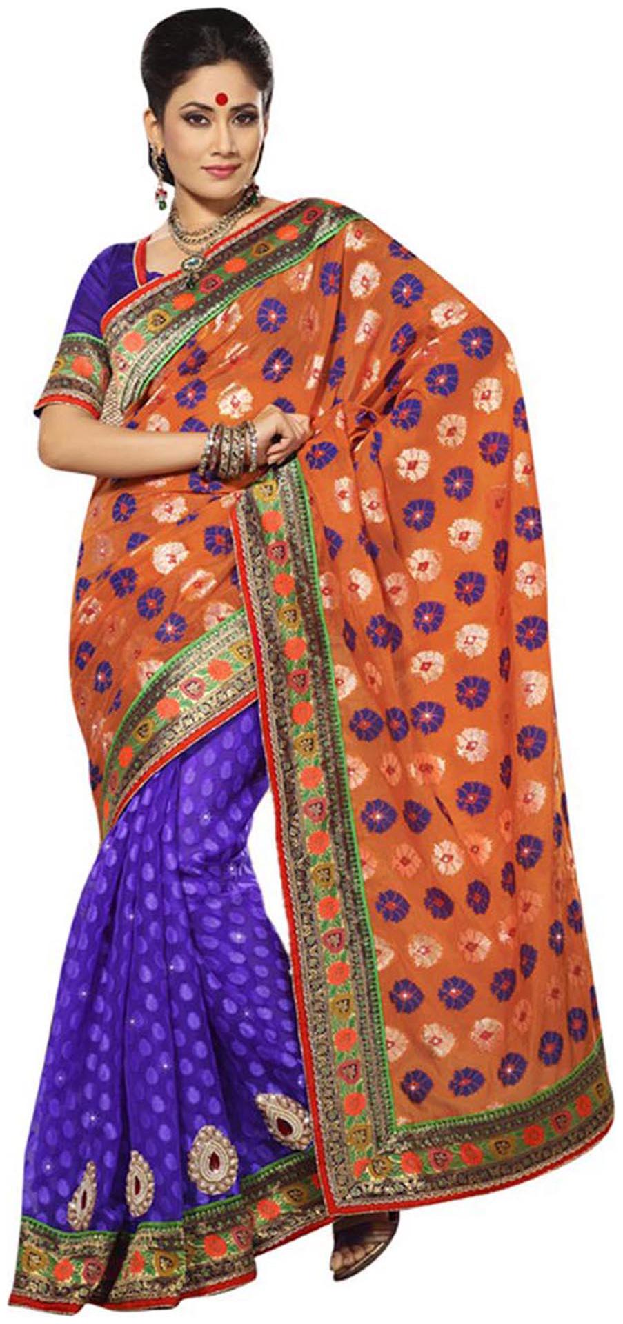 

Touch Trend Orange And Violet Art Silk Embroidered Saree