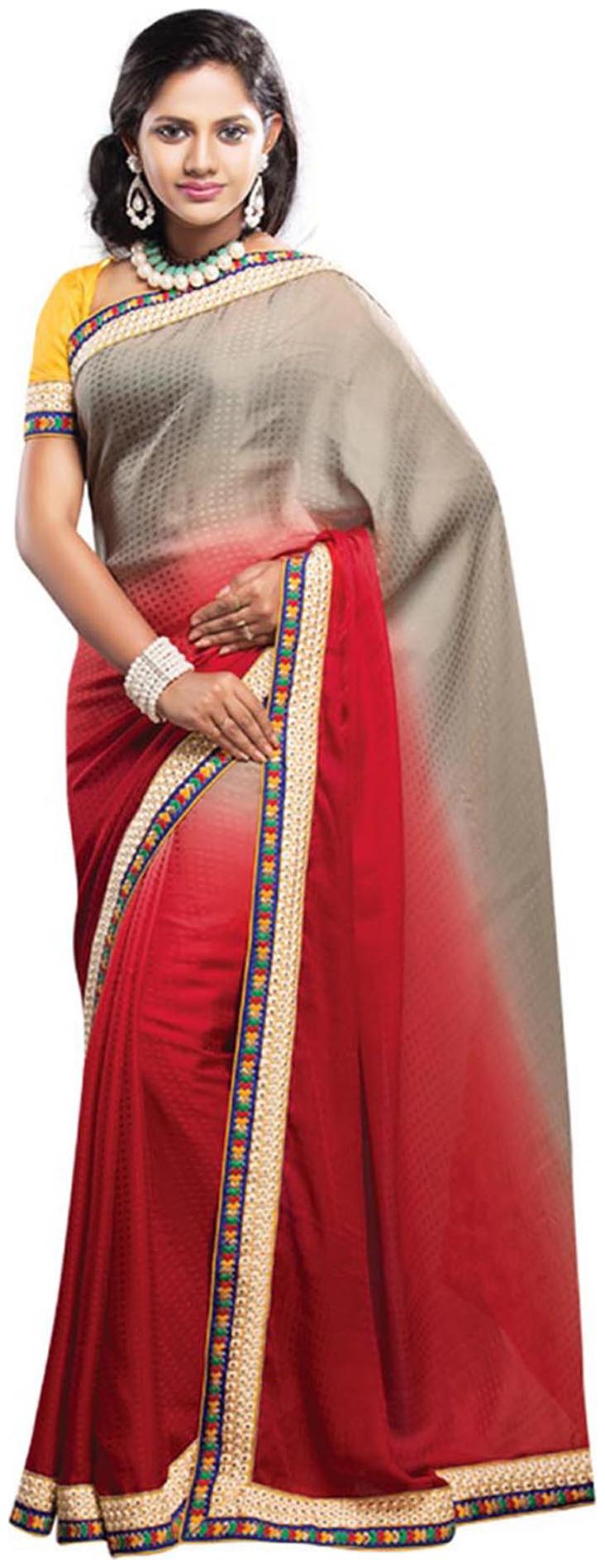 

Touch Trend Red And Beige Pure Georgette Embroidered Saree